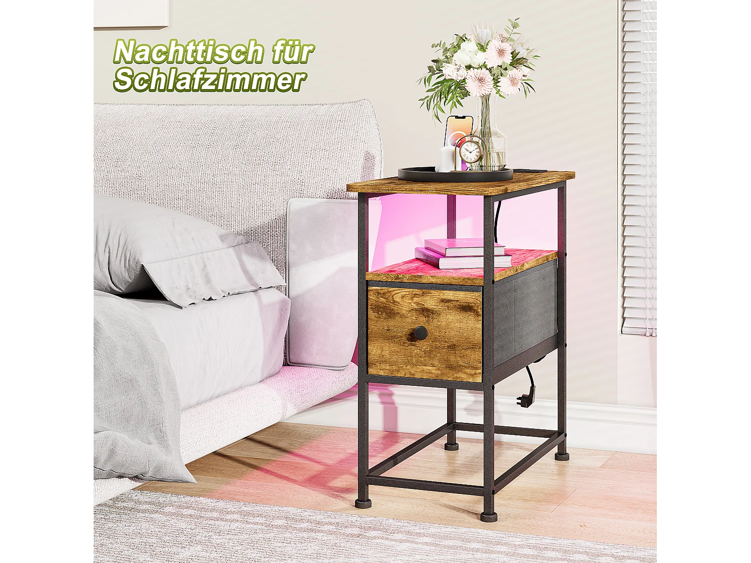 Commode étroite, table de chevet avec fonction de chargement et bande lumineuse, table d'appoint avec tiroirs, 30 x 60 x 62 cm,Tigré