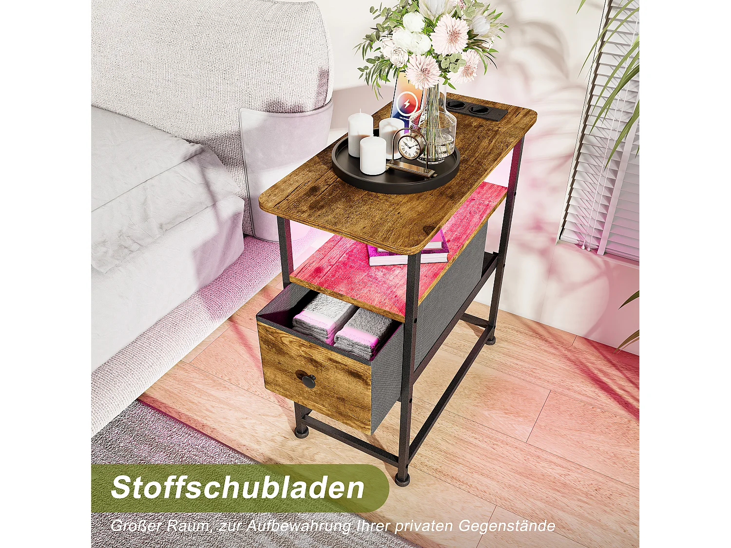 Commode étroite, table de chevet avec fonction de chargement et bande lumineuse, table d'appoint avec tiroirs, 30 x 60 x 62 cm,Tigré