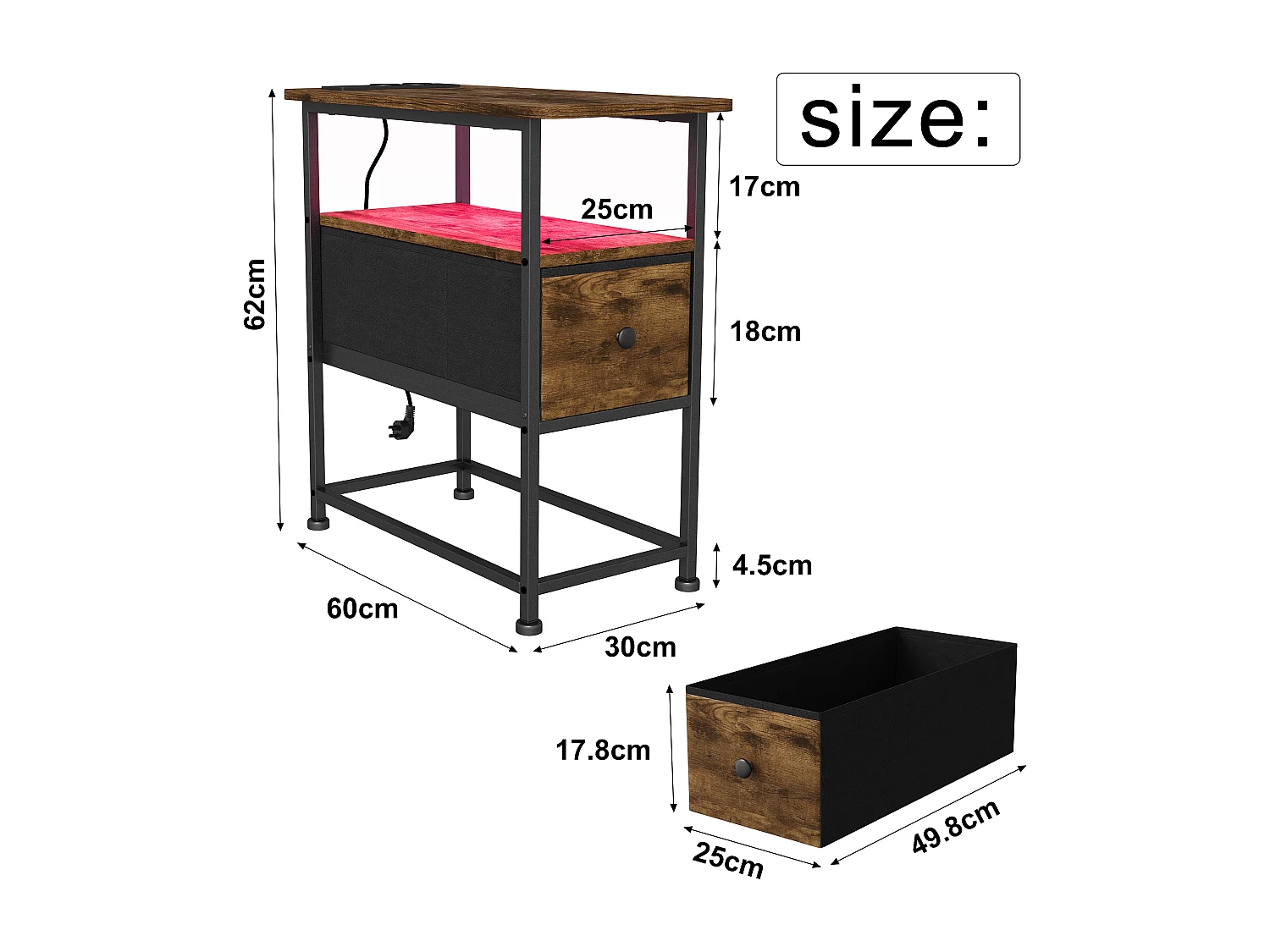 Commode étroite, table de chevet avec fonction de chargement et bande lumineuse, table d'appoint avec tiroirs, 30 x 60 x 62 cm,Tigré