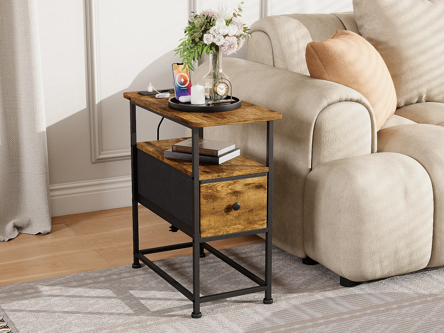 Commode étroite, table de chevet avec fonction de chargement et bande lumineuse, table d'appoint avec tiroirs, 30 x 60 x 62 cm,Tigré