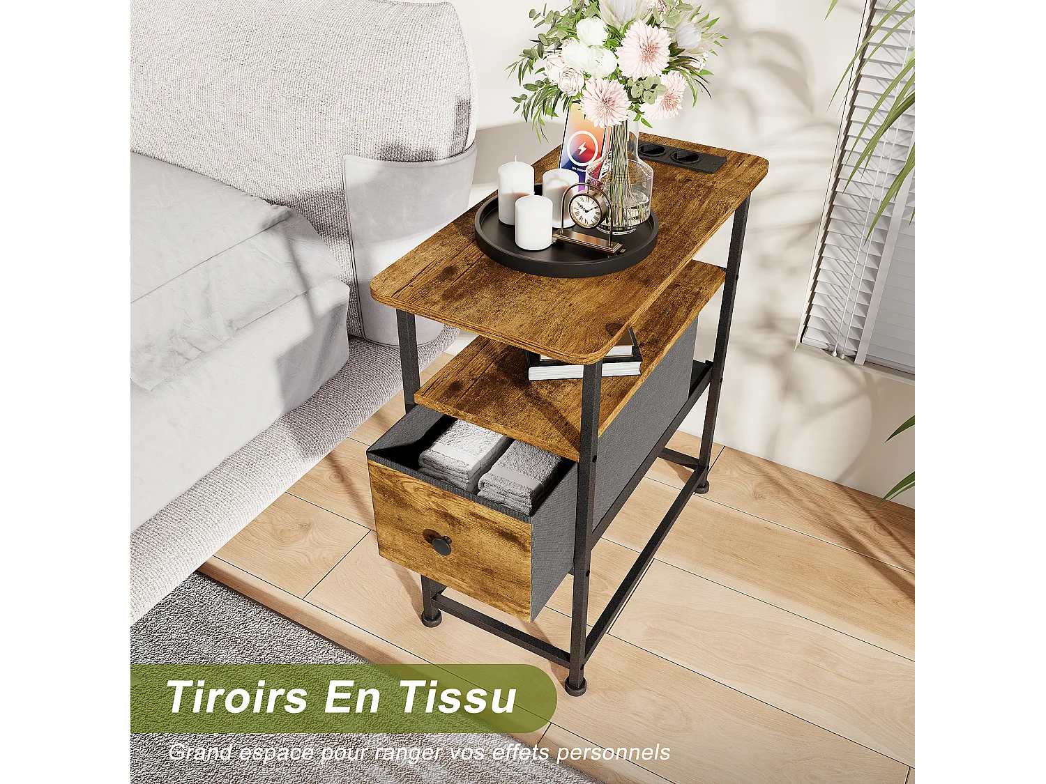 Commode étroite, table de chevet avec fonction de chargement et bande lumineuse, table d'appoint avec tiroirs, 30 x 60 x 62 cm,Tigré