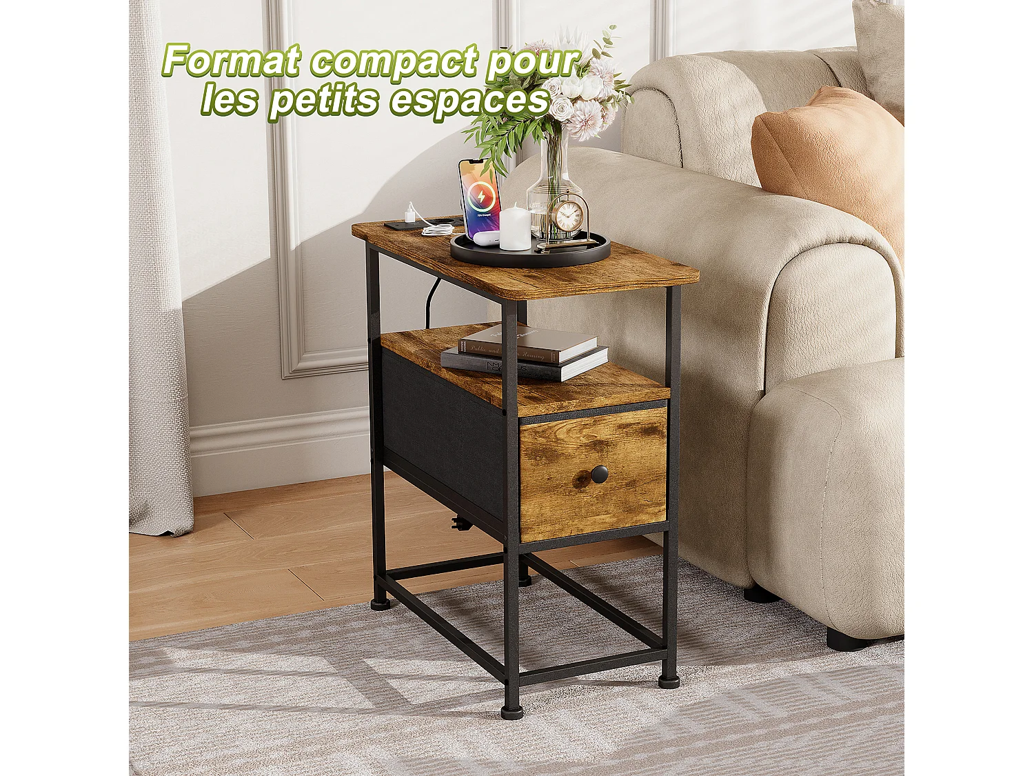 Commode étroite, table de chevet avec fonction de chargement et bande lumineuse, table d'appoint avec tiroirs, 30 x 60 x 62 cm,Tigré