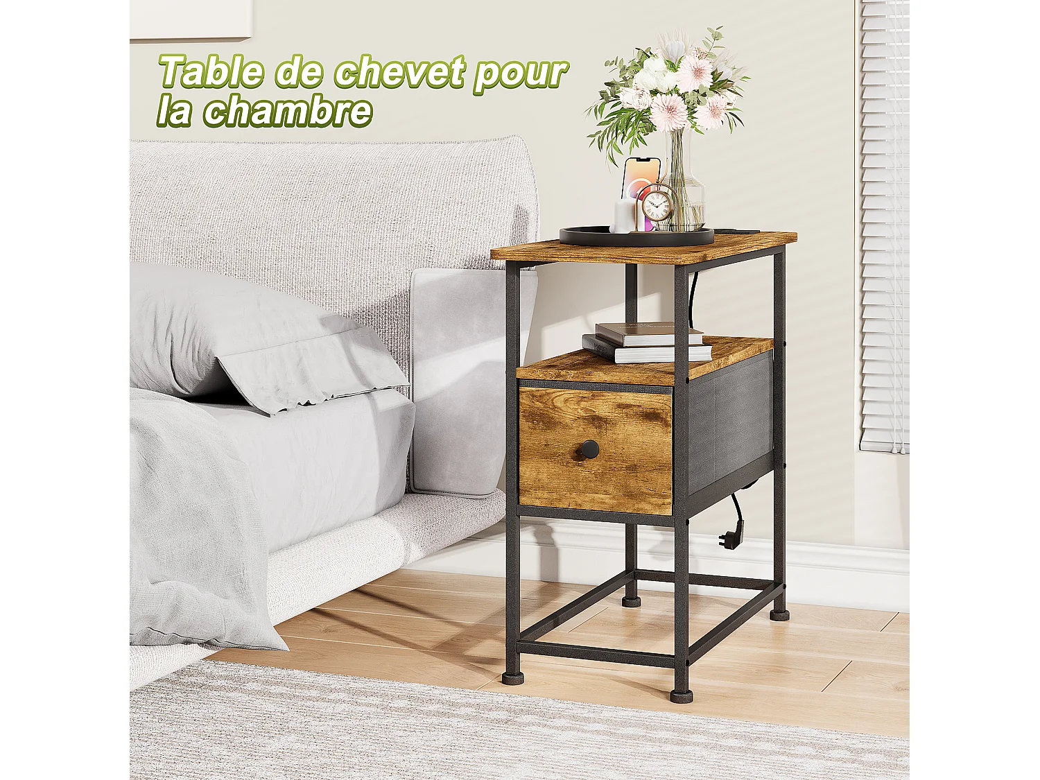 Commode étroite, table de chevet avec fonction de chargement et bande lumineuse, table d'appoint avec tiroirs, 30 x 60 x 62 cm,Tigré