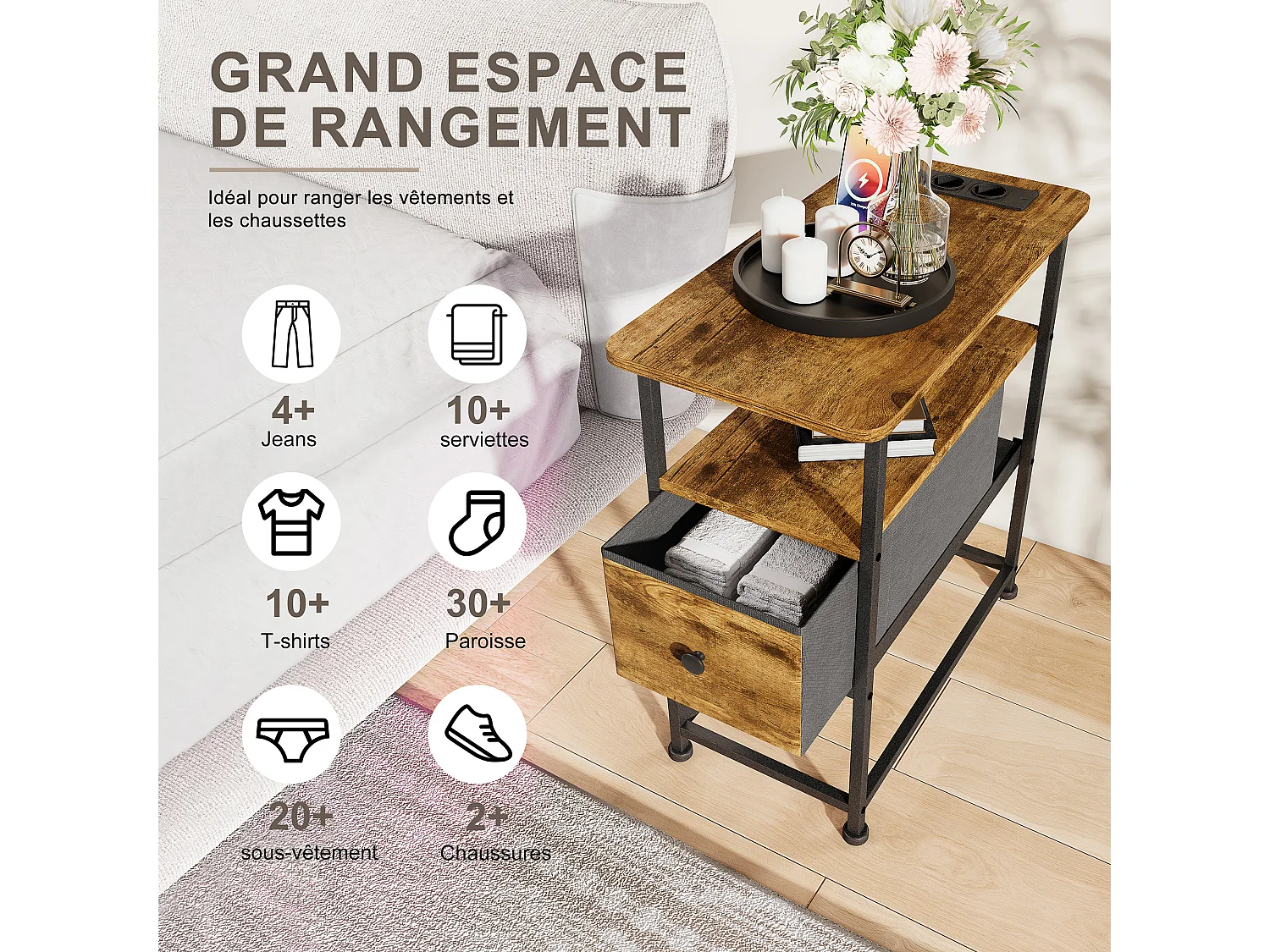 Commode étroite, table de chevet avec fonction de chargement et bande lumineuse, table d'appoint avec tiroirs, 30 x 60 x 62 cm,Tigré