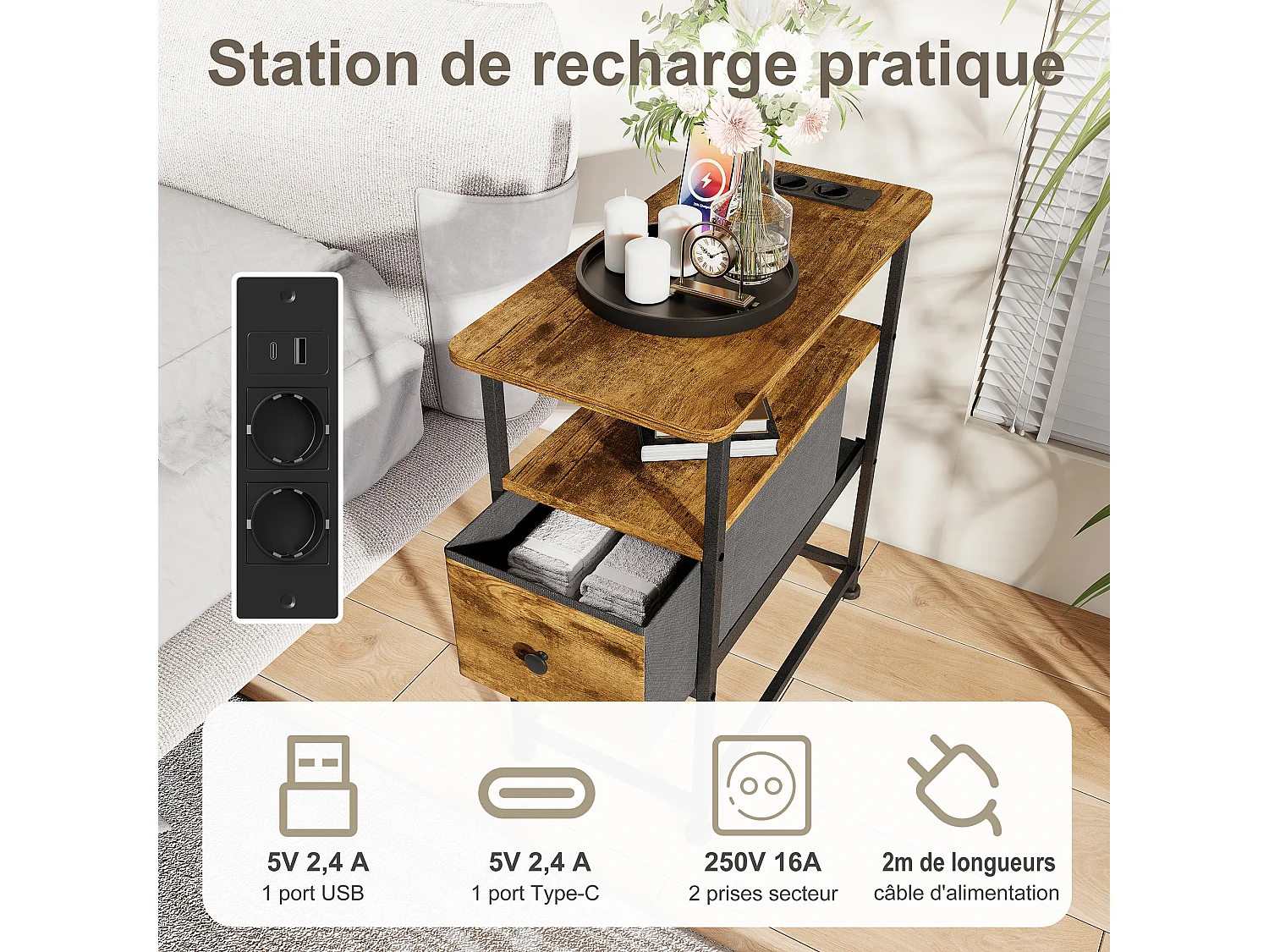 Commode étroite, table de chevet avec fonction de chargement et bande lumineuse, table d'appoint avec tiroirs, 30 x 60 x 62 cm,Tigré