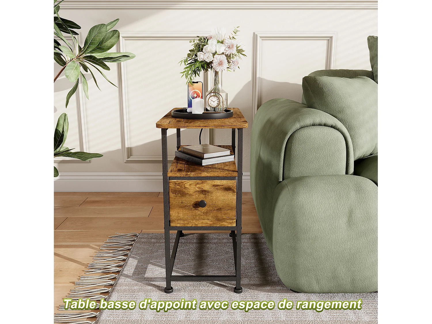 Commode étroite, table de chevet avec fonction de chargement et bande lumineuse, table d'appoint avec tiroirs, 30 x 60 x 62 cm,Tigré