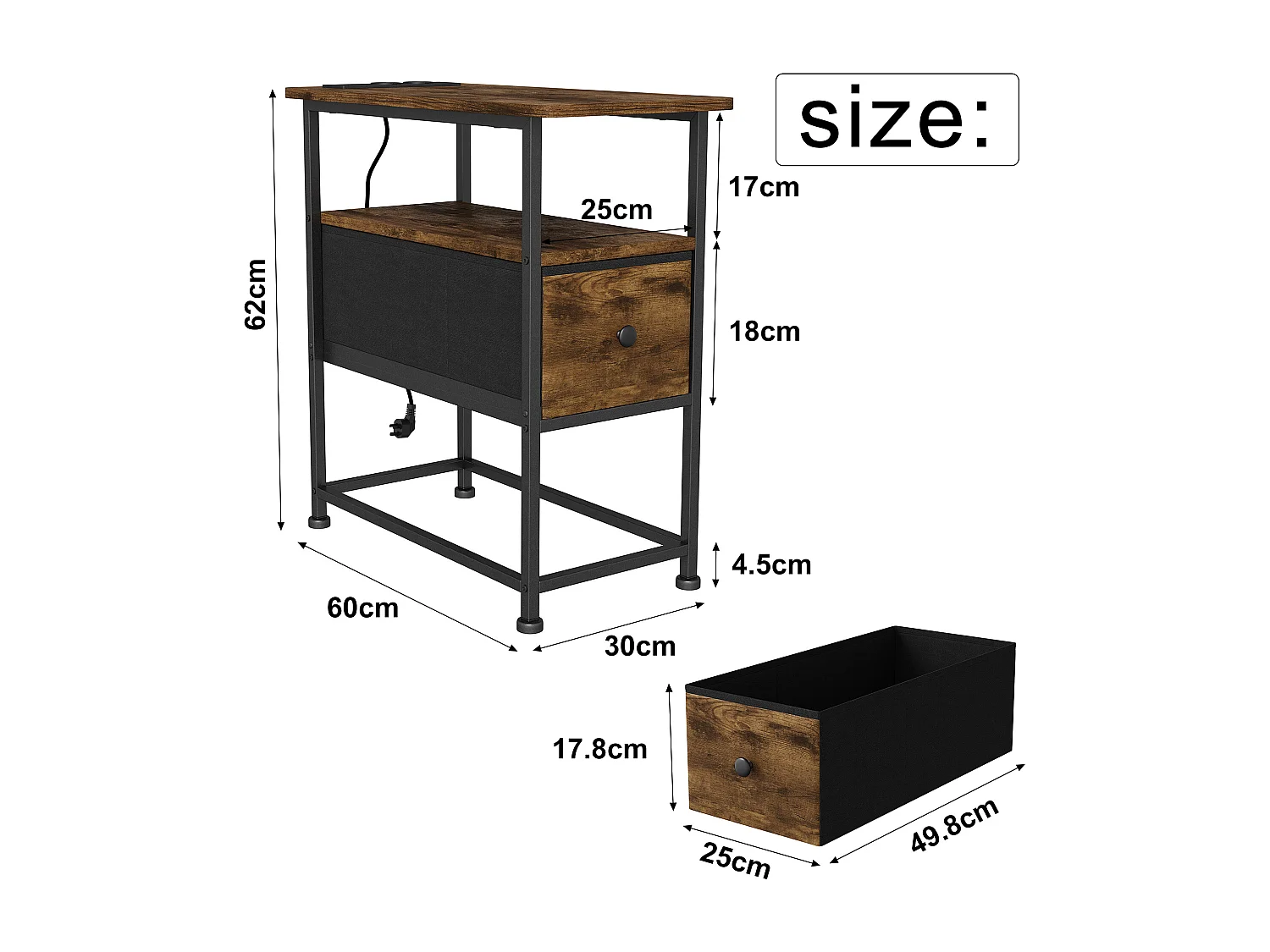Commode étroite, table de chevet avec fonction de chargement et bande lumineuse, table d'appoint avec tiroirs, 30 x 60 x 62 cm,Tigré