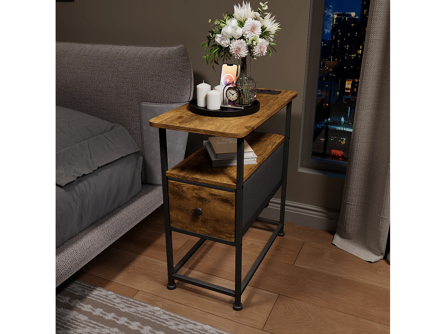 Smalle ladekast, nachtkastje met oplaadfunctie en ledstrip, bijzettafel met lades, 30 x 60 x 62 cm, tijgerprint