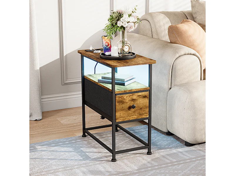 Commode étroite, table de chevet avec fonction de chargement et bande lumineuse, table d'appoint avec tiroirs, 30 x 60 x 62 cm,Tigré