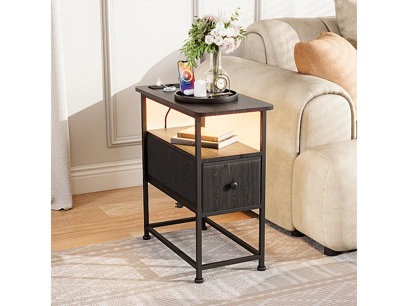 Commode étroite, table de chevet avec fonction de chargement et bande lumineuse, table d'appoint avec tiroirs, 30 x 60 x 62 cm,Noir