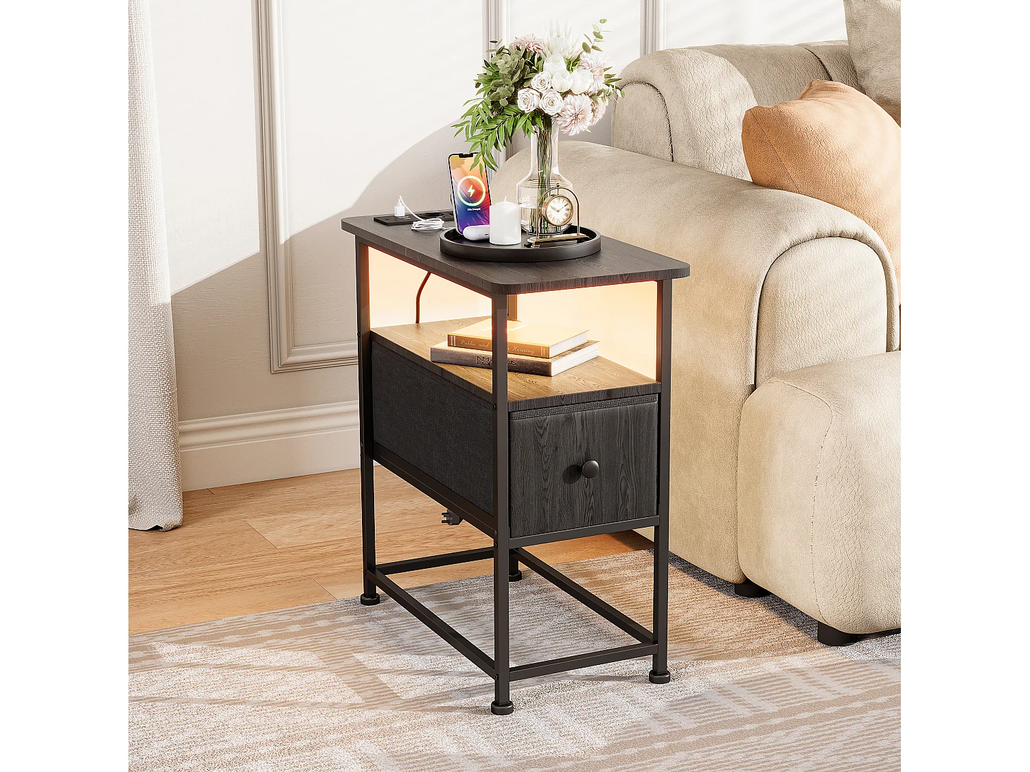 Commode étroite, table de chevet avec fonction de chargement et bande lumineuse, table d'appoint avec tiroirs, 30 x 60 x 62 cm,Noir