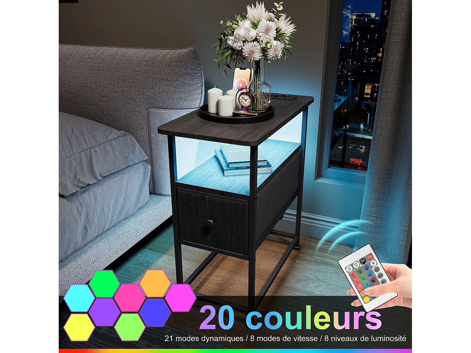 Commode étroite, table de chevet avec fonction de chargement et bande lumineuse, table d'appoint avec tiroirs, 30 x 60 x 62 cm,Noir