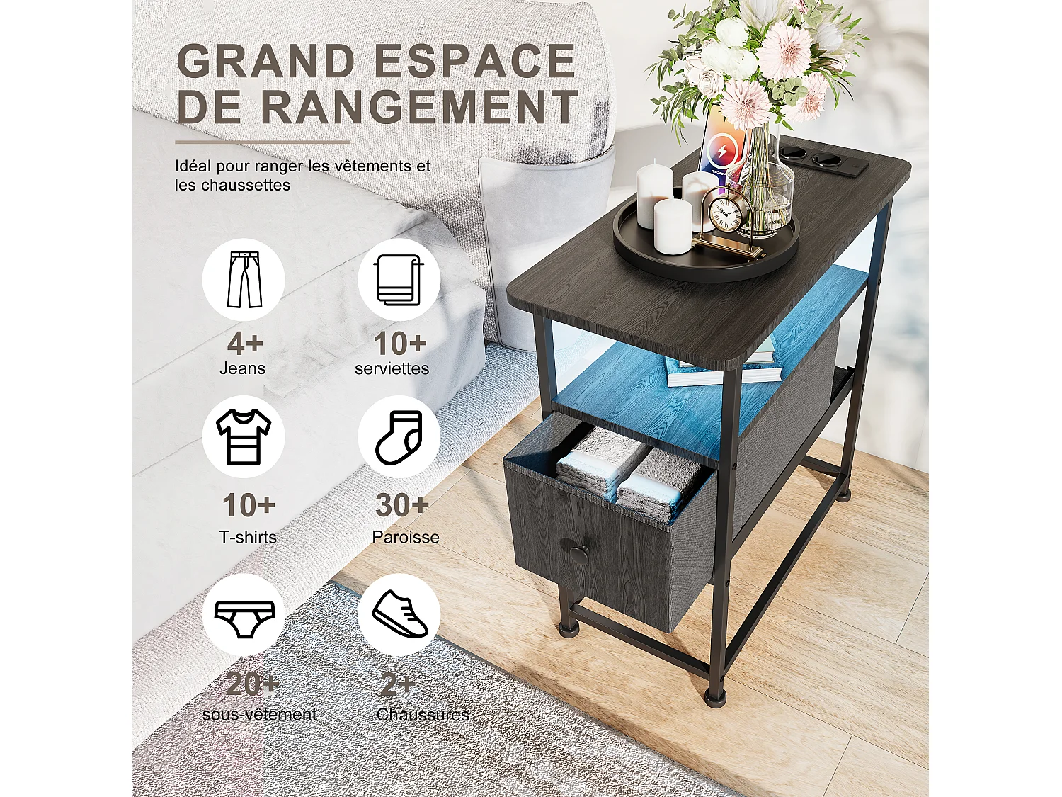 Commode étroite, table de chevet avec fonction de chargement et bande lumineuse, table d'appoint avec tiroirs, 30 x 60 x 62 cm,Noir
