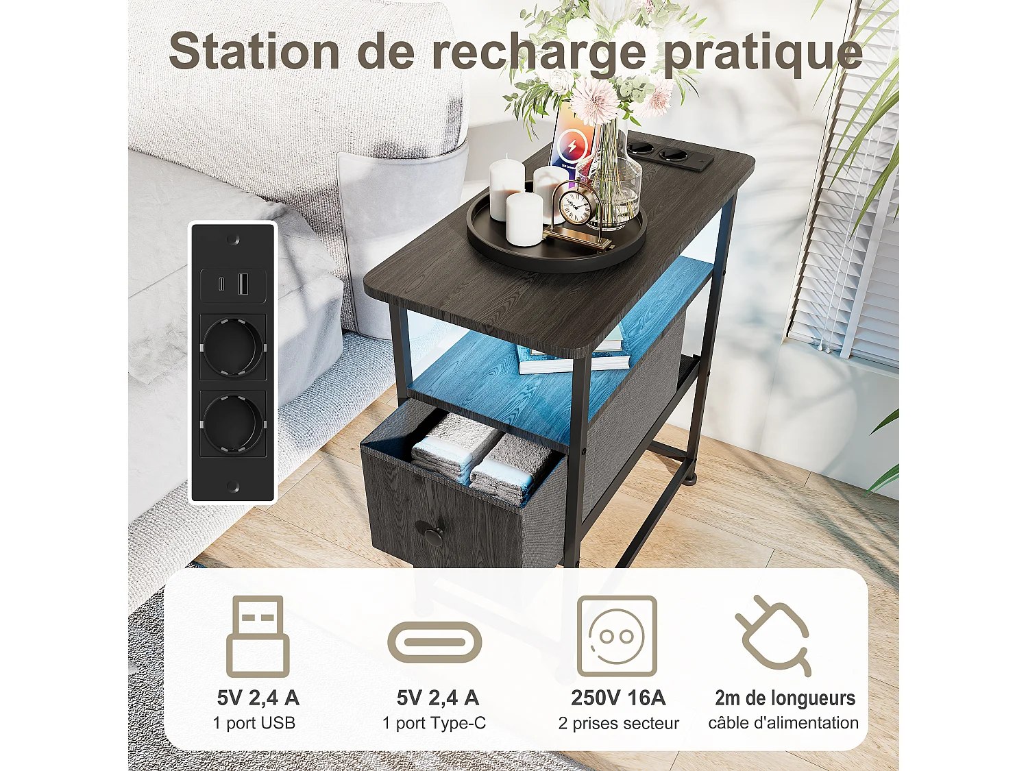 Commode étroite, table de chevet avec fonction de chargement et bande lumineuse, table d'appoint avec tiroirs, 30 x 60 x 62 cm,Noir