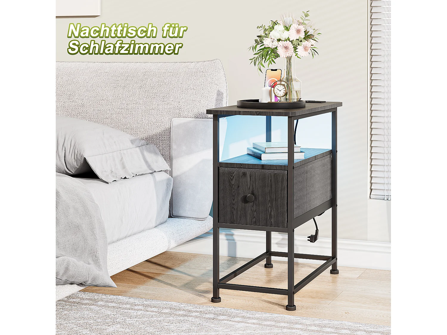 Commode étroite, table de chevet avec fonction de chargement et bande lumineuse, table d'appoint avec tiroirs, 30 x 60 x 62 cm,Noir