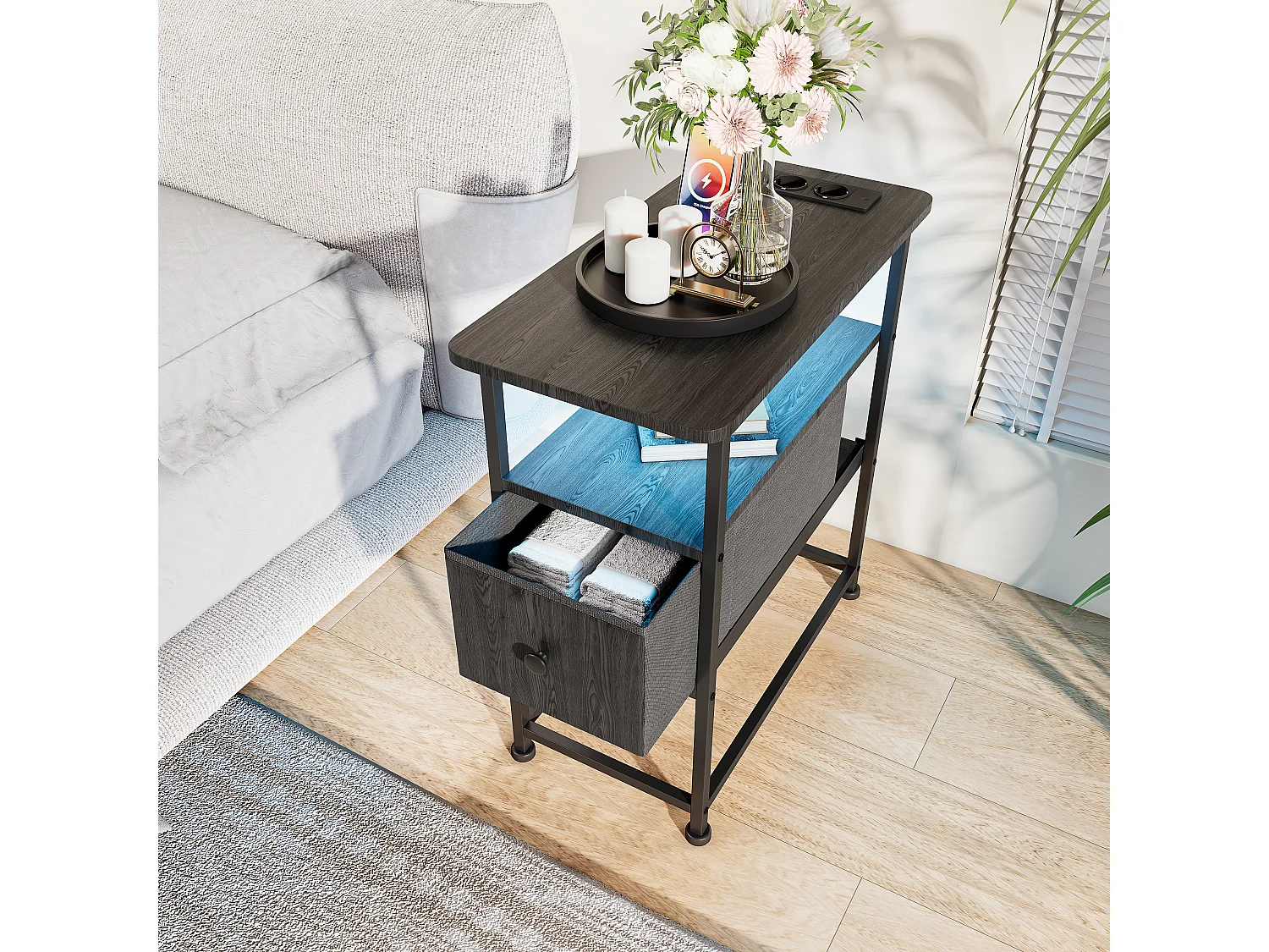 Commode étroite, table de chevet avec fonction de chargement et bande lumineuse, table d'appoint avec tiroirs, 30 x 60 x 62 cm,Noir