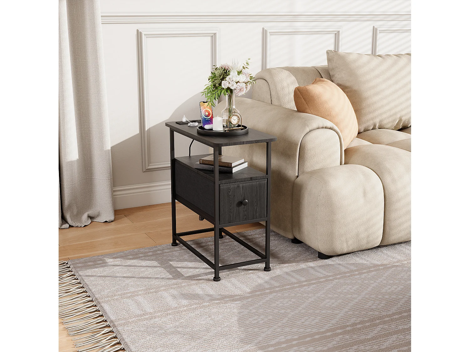 Commode étroite, table de chevet avec fonction de chargement et bande lumineuse, table d'appoint avec tiroirs, 30 x 60 x 62 cm,Noir