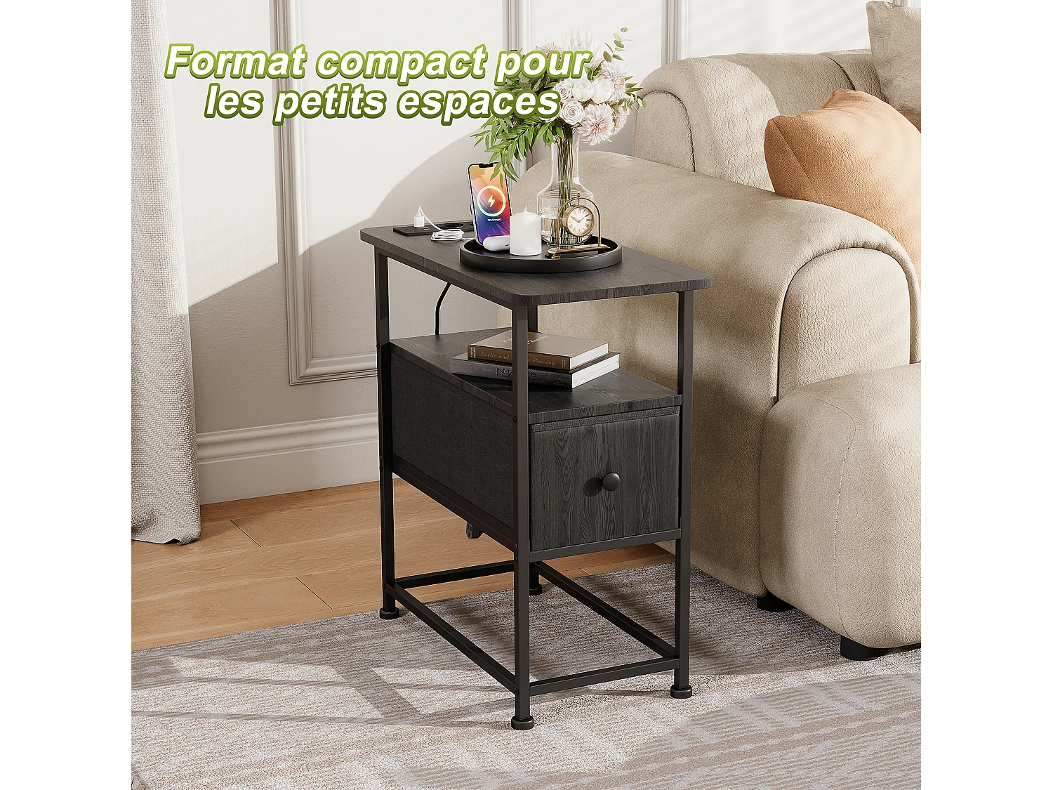 Commode étroite, table de chevet avec fonction de chargement et bande lumineuse, table d'appoint avec tiroirs, 30 x 60 x 62 cm,Noir