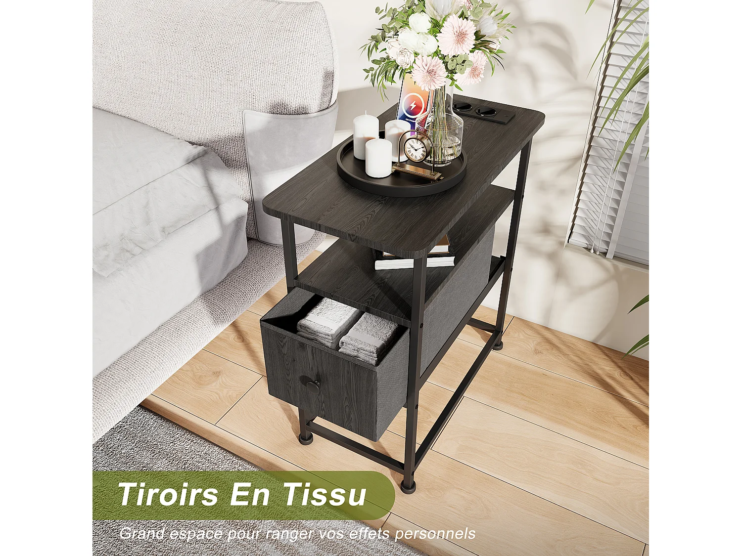 Commode étroite, table de chevet avec fonction de chargement et bande lumineuse, table d'appoint avec tiroirs, 30 x 60 x 62 cm,Noir