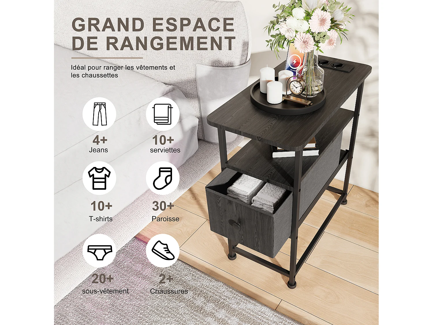 Commode étroite, table de chevet avec fonction de chargement et bande lumineuse, table d'appoint avec tiroirs, 30 x 60 x 62 cm,Noir