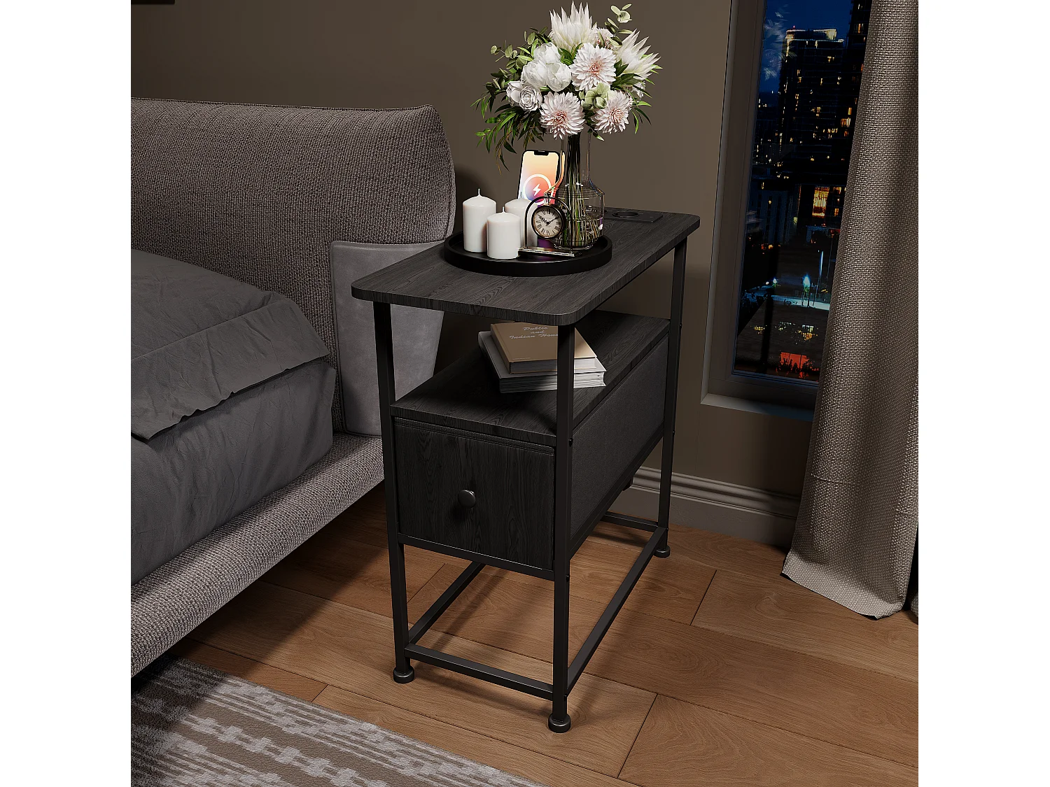 Commode étroite, table de chevet avec fonction de chargement et bande lumineuse, table d'appoint avec tiroirs, 30 x 60 x 62 cm,Noir