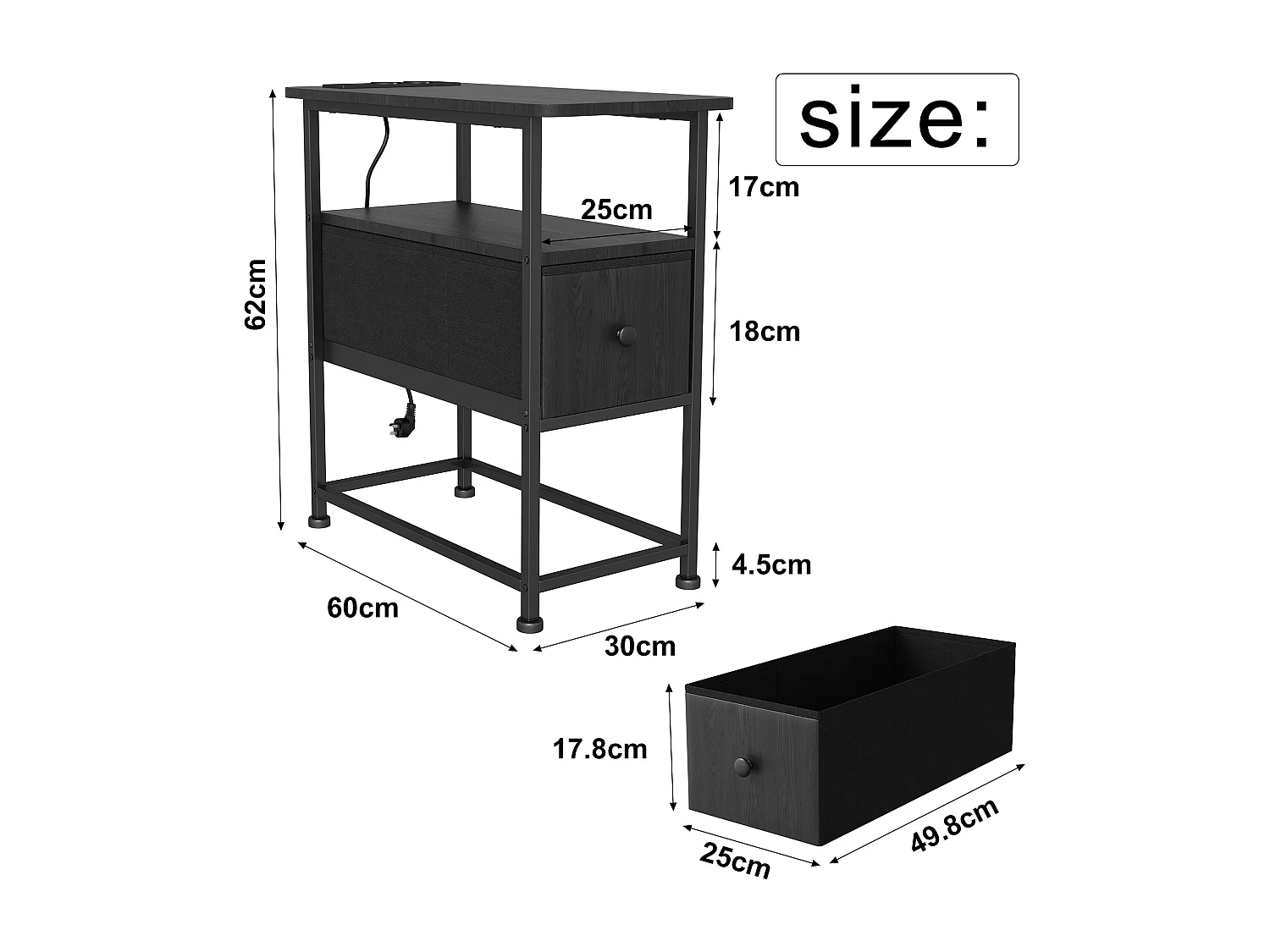 Commode étroite, table de chevet avec fonction de chargement et bande lumineuse, table d'appoint avec tiroirs, 30 x 60 x 62 cm,Noir