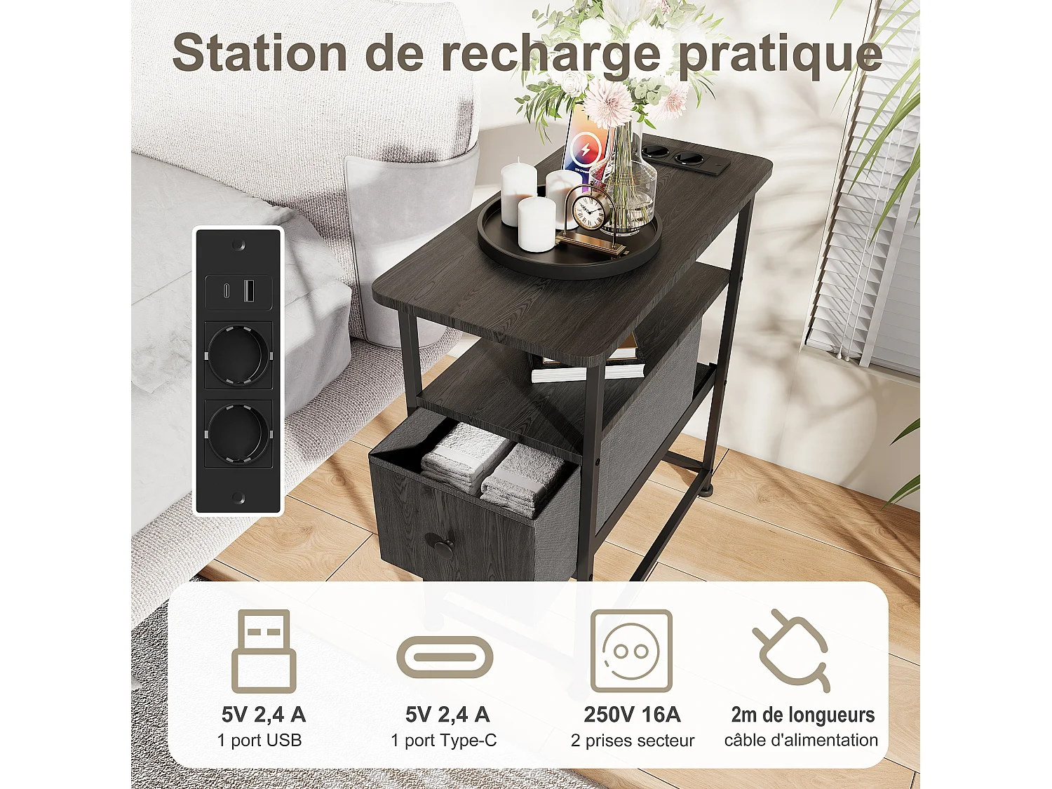 Smalle ladekast, nachtkastje met oplaadfunctie en ledstrip, bijzettafel met lades, 30 x 60 x 62 cm, zwart