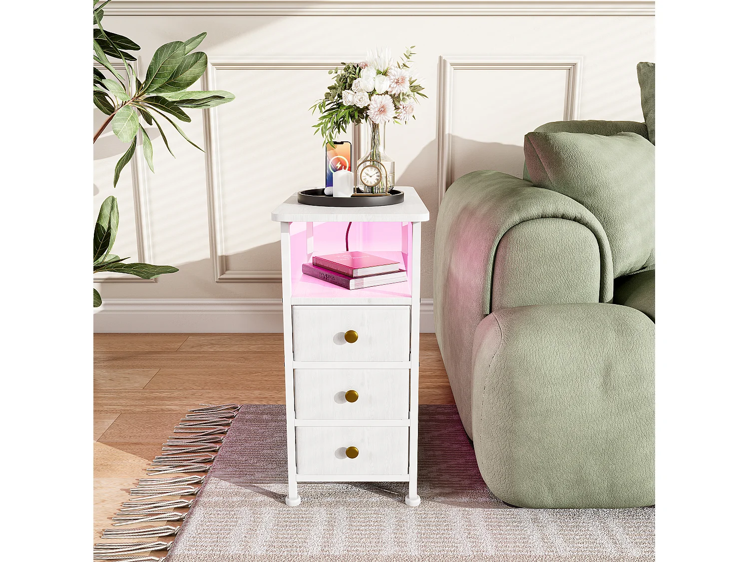 Commode étroite à 3 tiroirs, table de chevet avec fonction de chargement et bande lumineuse, table d'appoint avec tiroirs, 30 x 60 x 62 cm,Blanc