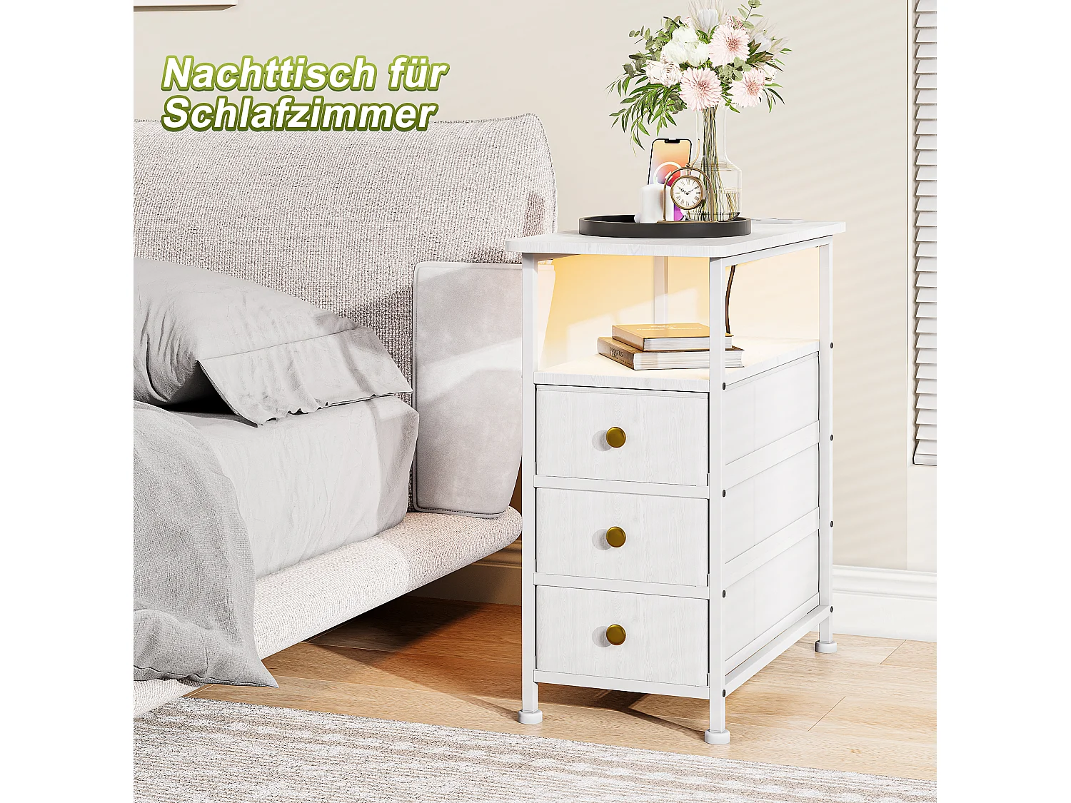 Commode étroite à 3 tiroirs, table de chevet avec fonction de chargement et bande lumineuse, table d'appoint avec tiroirs, 30 x 60 x 62 cm,Blanc