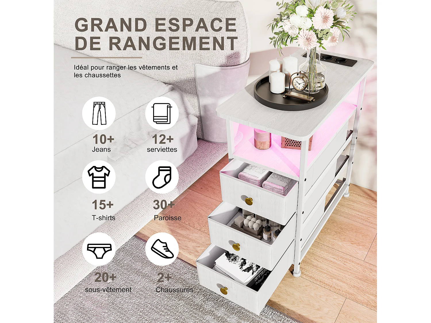 Commode étroite à 3 tiroirs, table de chevet avec fonction de chargement et bande lumineuse, table d'appoint avec tiroirs, 30 x 60 x 62 cm,Blanc