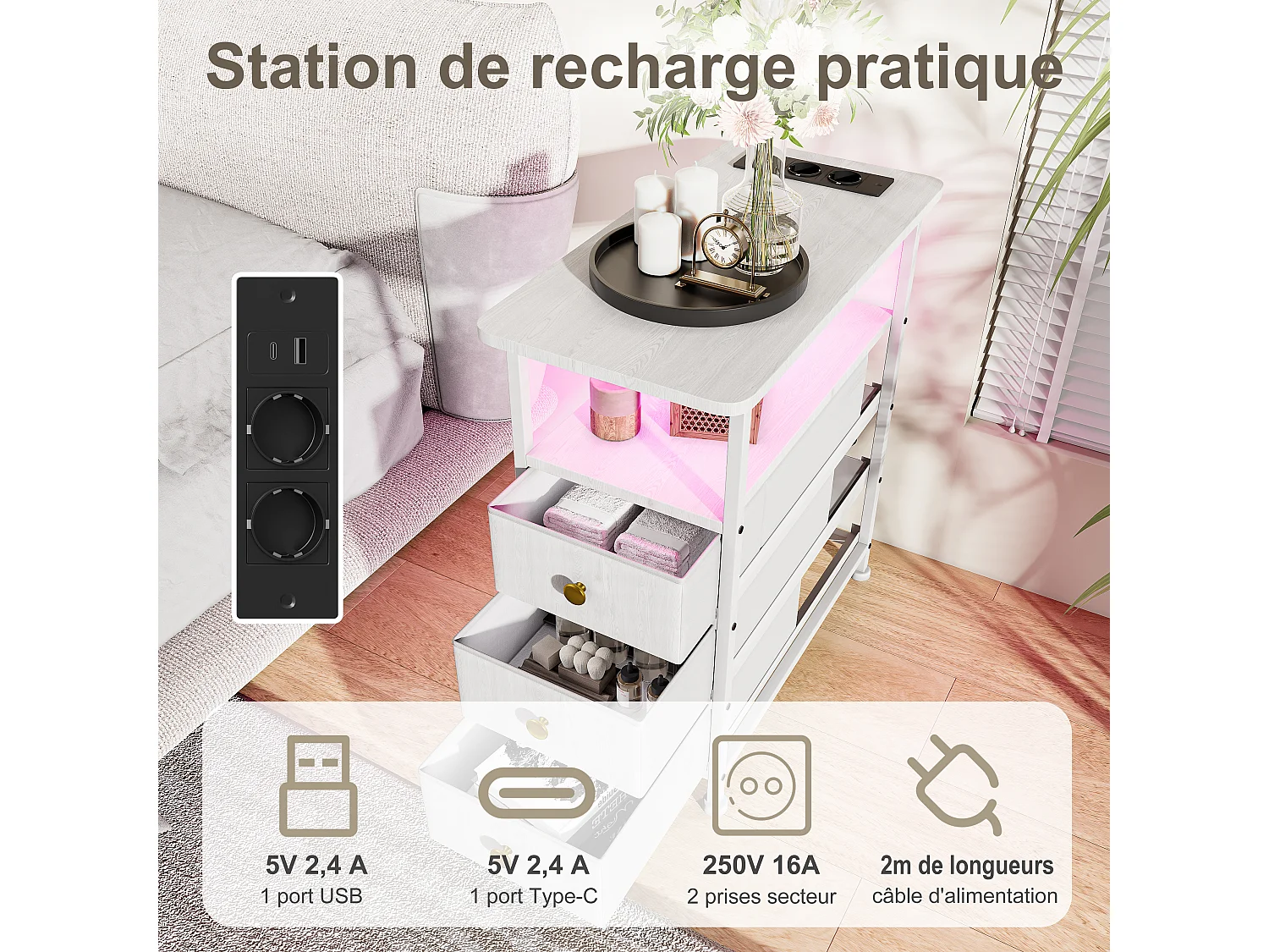 Commode étroite à 3 tiroirs, table de chevet avec fonction de chargement et bande lumineuse, table d'appoint avec tiroirs, 30 x 60 x 62 cm,Blanc