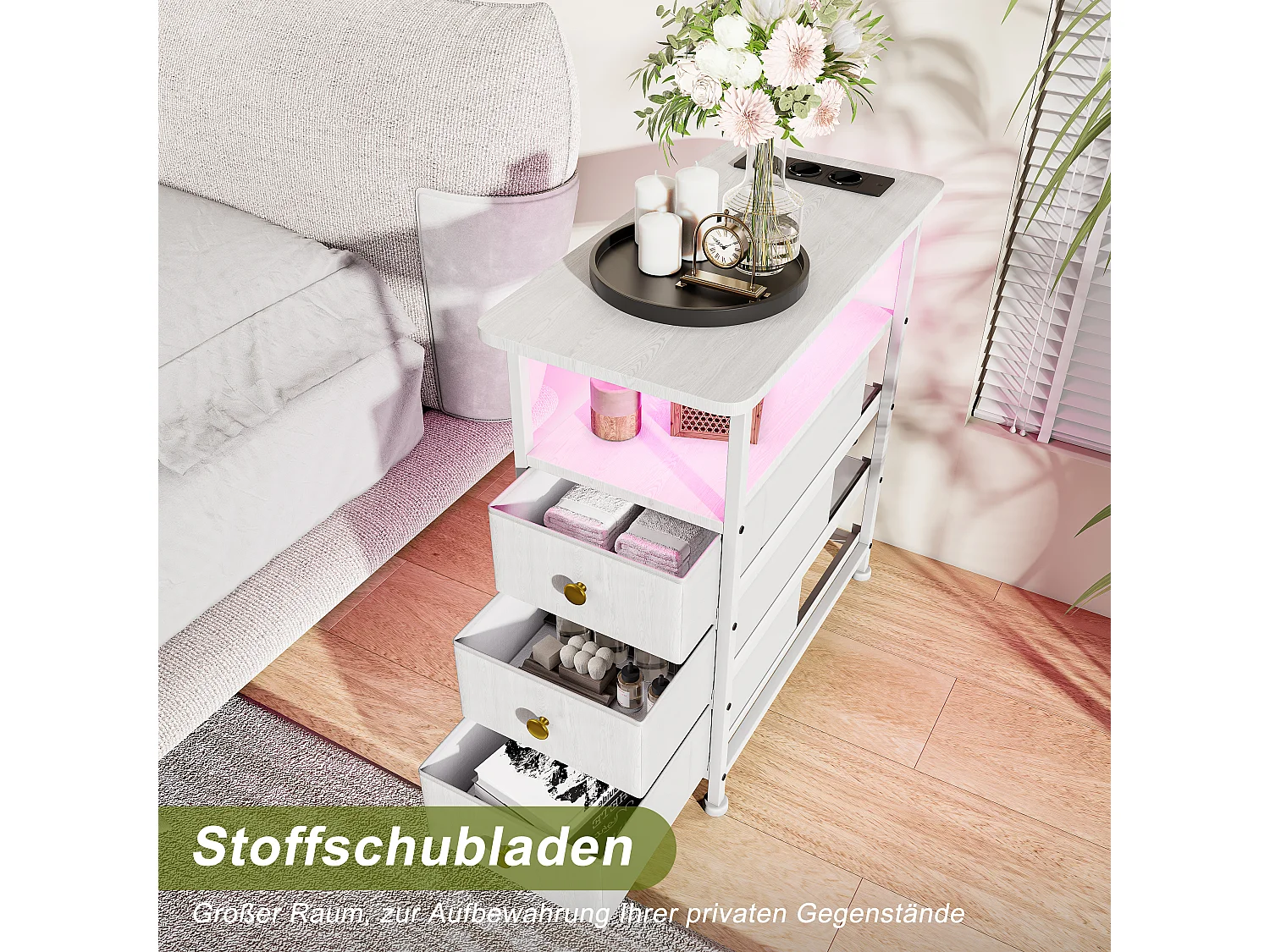 Commode étroite à 3 tiroirs, table de chevet avec fonction de chargement et bande lumineuse, table d'appoint avec tiroirs, 30 x 60 x 62 cm,Blanc