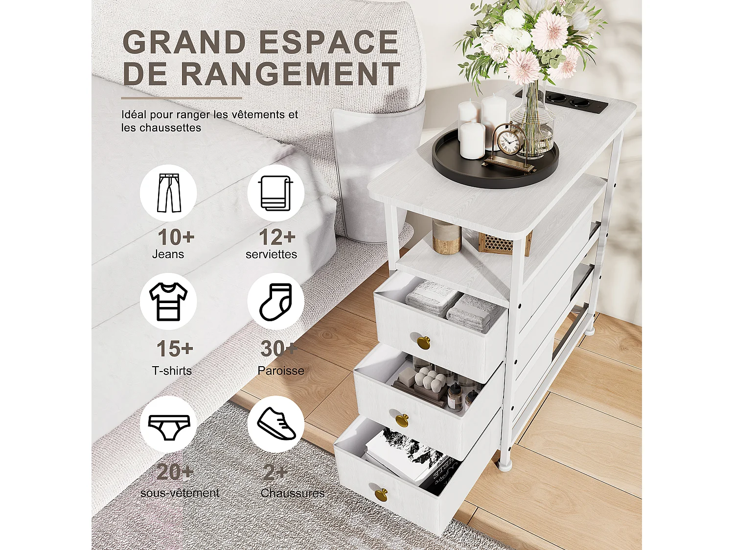 Commode étroite à 3 tiroirs, table de chevet avec fonction de chargement et bande lumineuse, table d'appoint avec tiroirs, 30 x 60 x 62 cm,Blanc