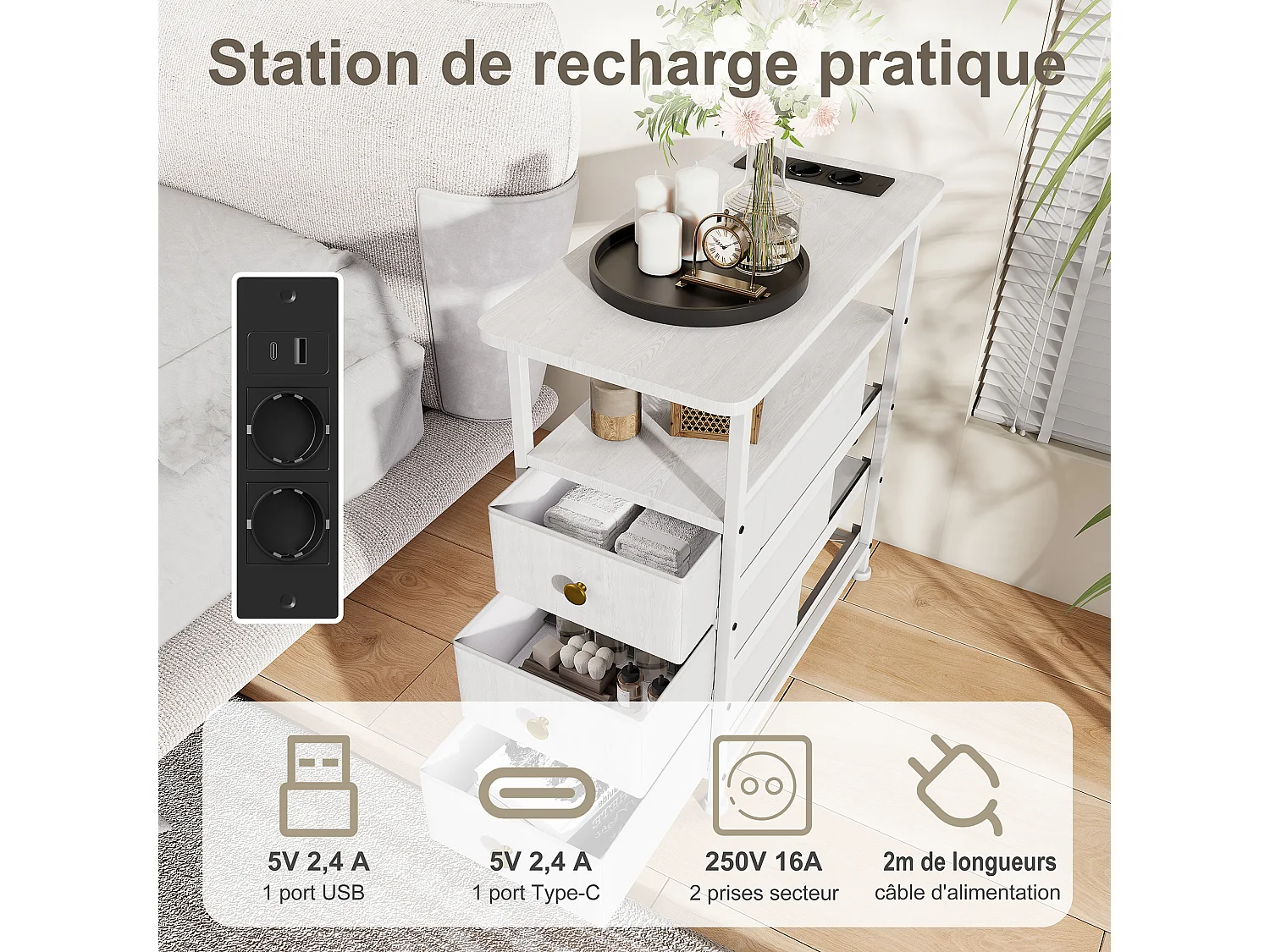 Commode étroite à 3 tiroirs, table de chevet avec fonction de chargement et bande lumineuse, table d'appoint avec tiroirs, 30 x 60 x 62 cm,Blanc