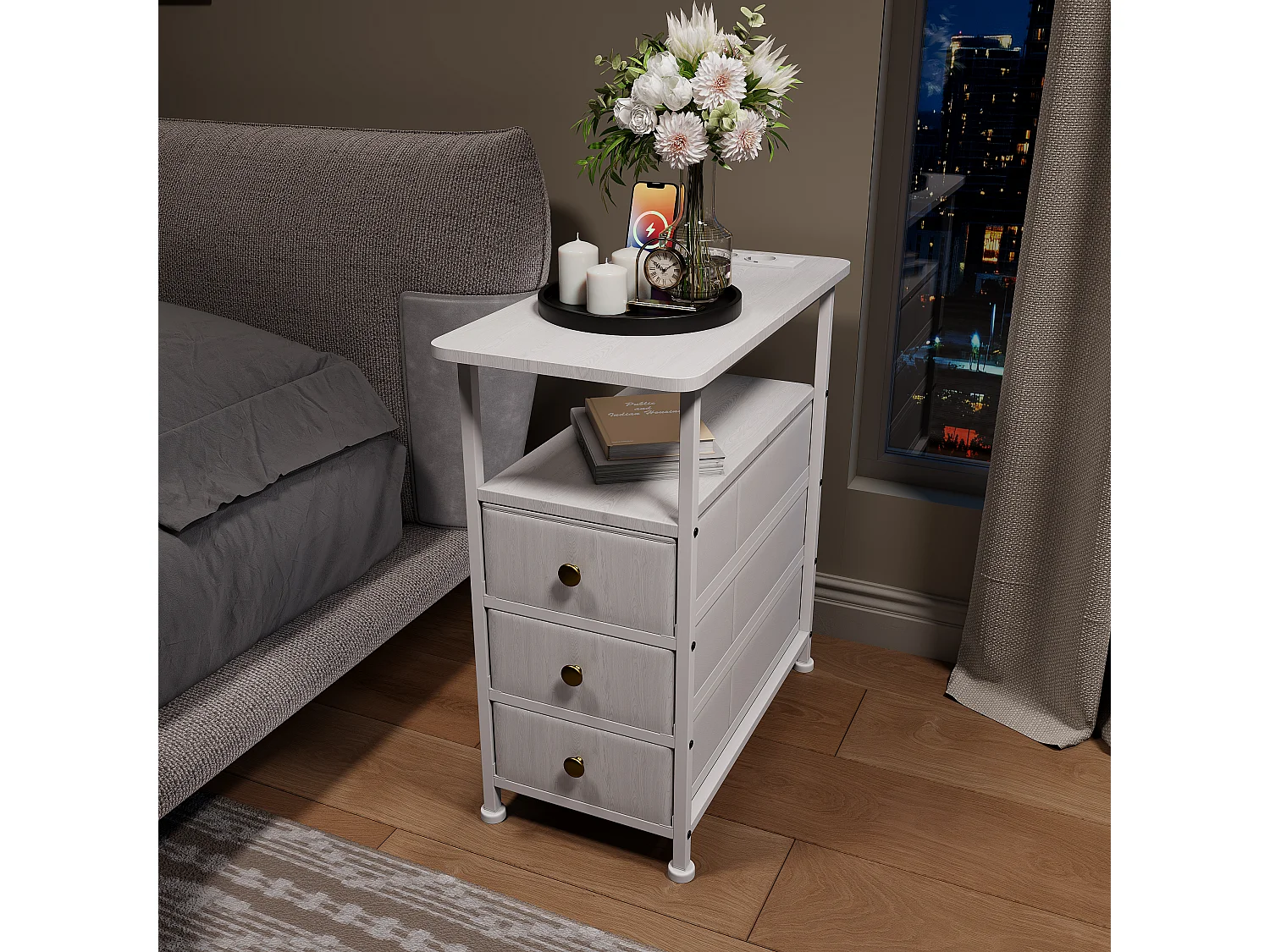 Commode étroite à 3 tiroirs, table de chevet avec fonction de chargement et bande lumineuse, table d'appoint avec tiroirs, 30 x 60 x 62 cm,Blanc