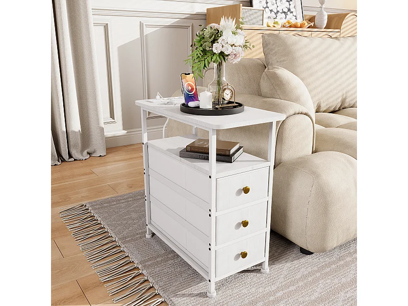 Commode étroite à 3 tiroirs, table de chevet avec fonction de chargement et bande lumineuse, table d'appoint avec tiroirs, 30 x 60 x 62 cm,Blanc