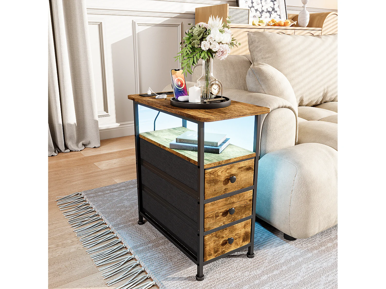 Commode étroite à 3 tiroirs, table de chevet avec fonction de chargement et bande lumineuse, table d'appoint avec tiroirs, 30 x 60 x 62 cm, Tigré