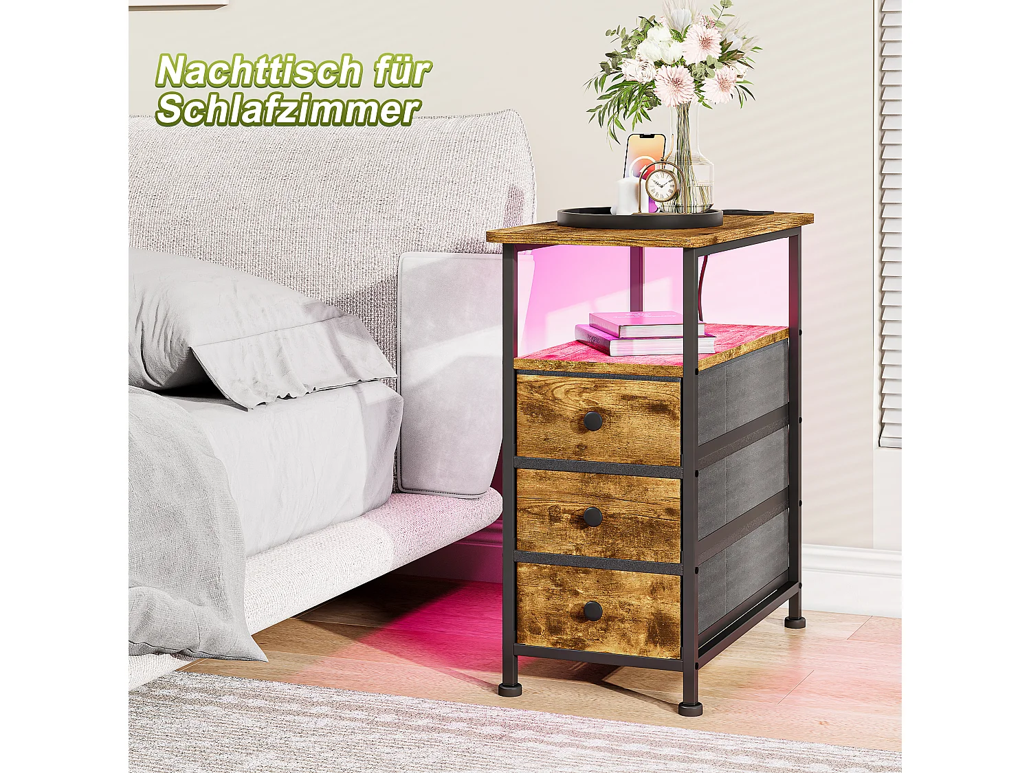 Commode étroite à 3 tiroirs, table de chevet avec fonction de chargement et bande lumineuse, table d'appoint avec tiroirs, 30 x 60 x 62 cm, Tigré