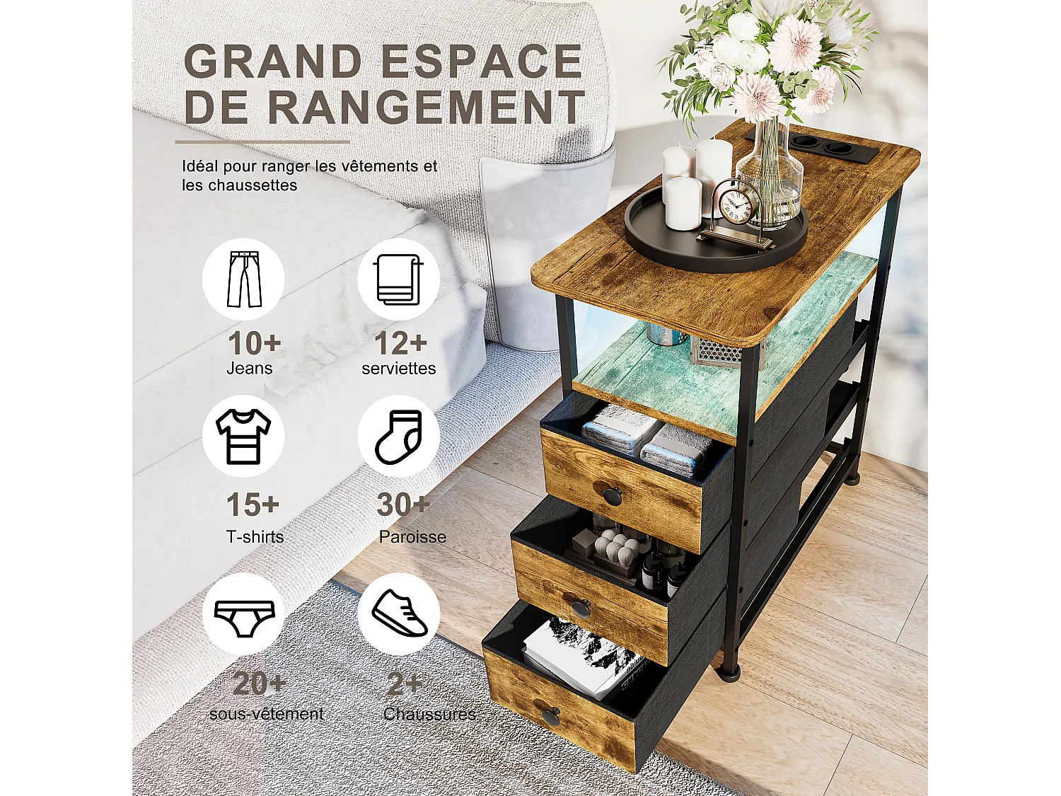 Commode étroite à 3 tiroirs, table de chevet avec fonction de chargement et bande lumineuse, table d'appoint avec tiroirs, 30 x 60 x 62 cm, Tigré