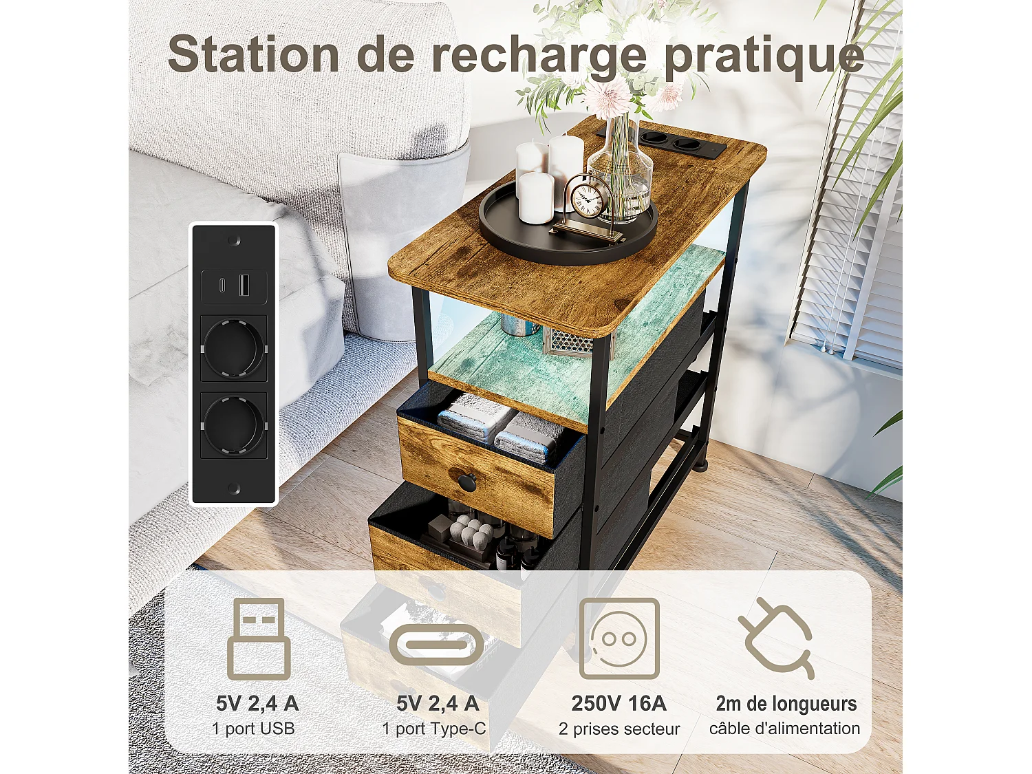 Commode étroite à 3 tiroirs, table de chevet avec fonction de chargement et bande lumineuse, table d'appoint avec tiroirs, 30 x 60 x 62 cm, Tigré