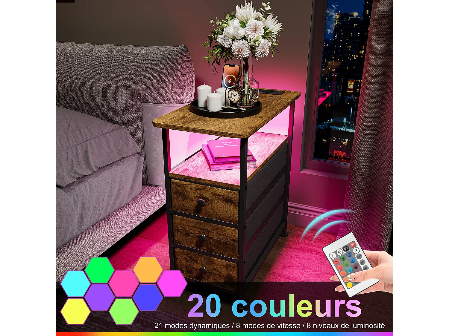 Commode étroite à 3 tiroirs, table de chevet avec fonction de chargement et bande lumineuse, table d'appoint avec tiroirs, 30 x 60 x 62 cm, Tigré