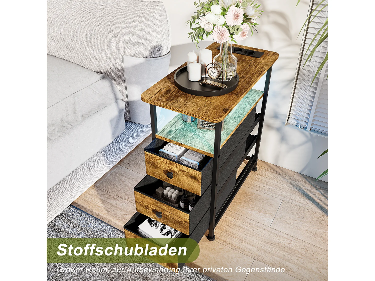 Commode étroite à 3 tiroirs, table de chevet avec fonction de chargement et bande lumineuse, table d'appoint avec tiroirs, 30 x 60 x 62 cm, Tigré