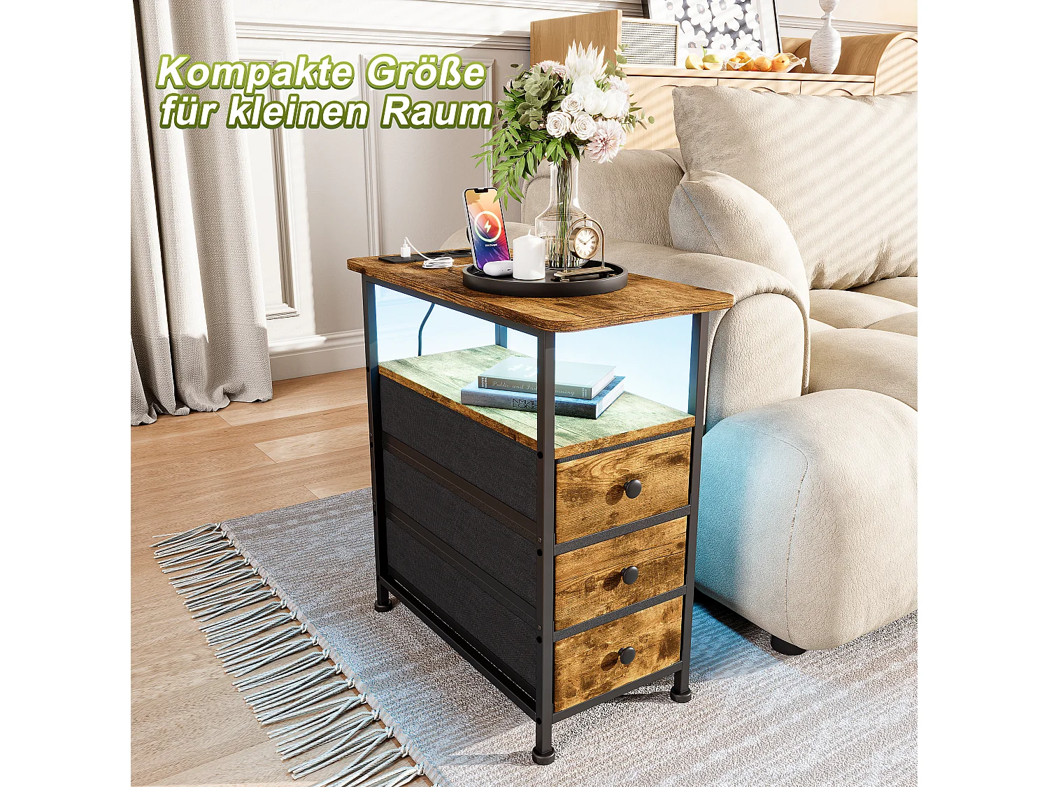 Commode étroite à 3 tiroirs, table de chevet avec fonction de chargement et bande lumineuse, table d'appoint avec tiroirs, 30 x 60 x 62 cm, Tigré