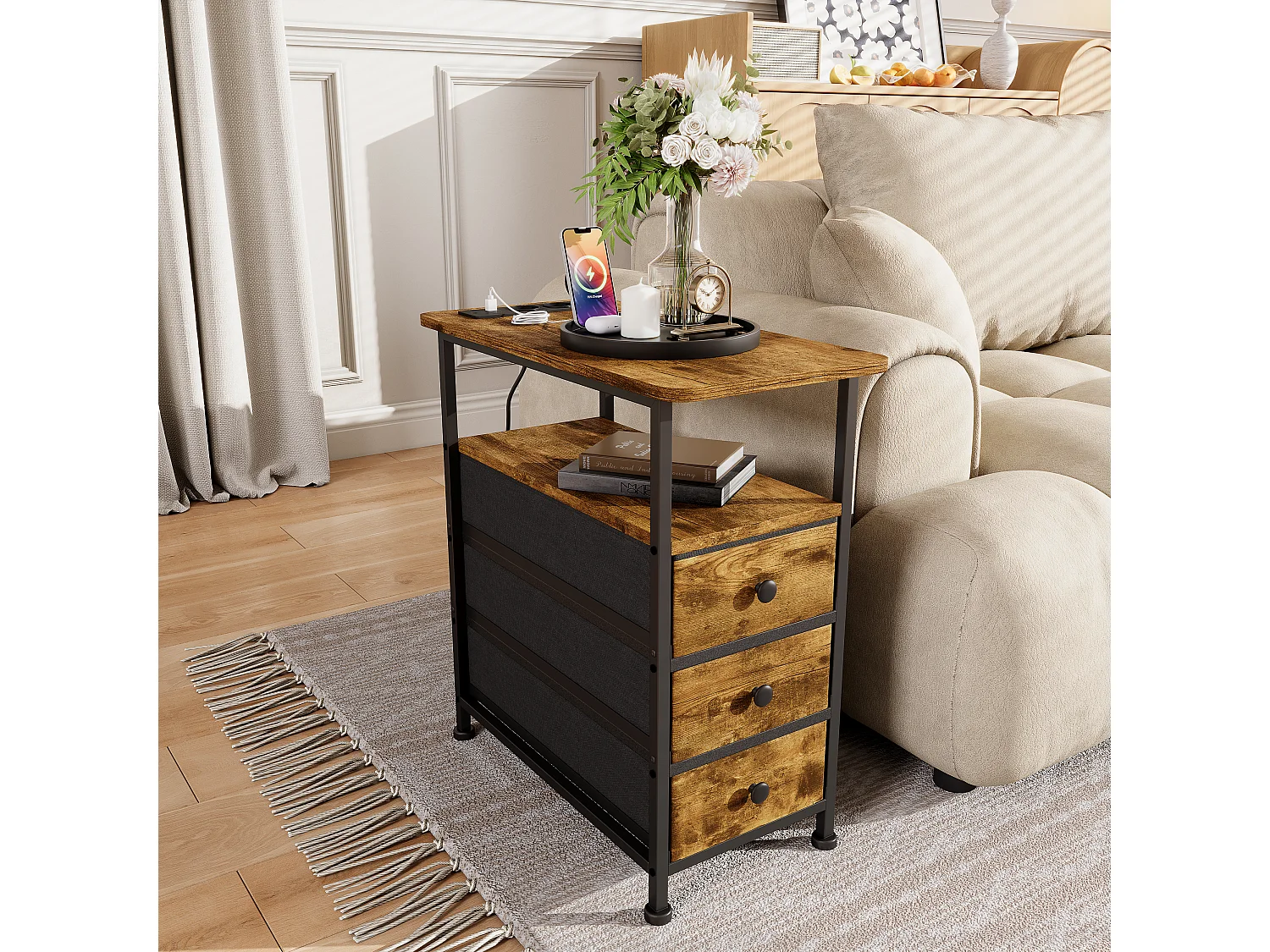 Commode étroite à 3 tiroirs, table de chevet avec fonction de chargement et bande lumineuse, table d'appoint avec tiroirs, 30 x 60 x 62 cm, Tigré