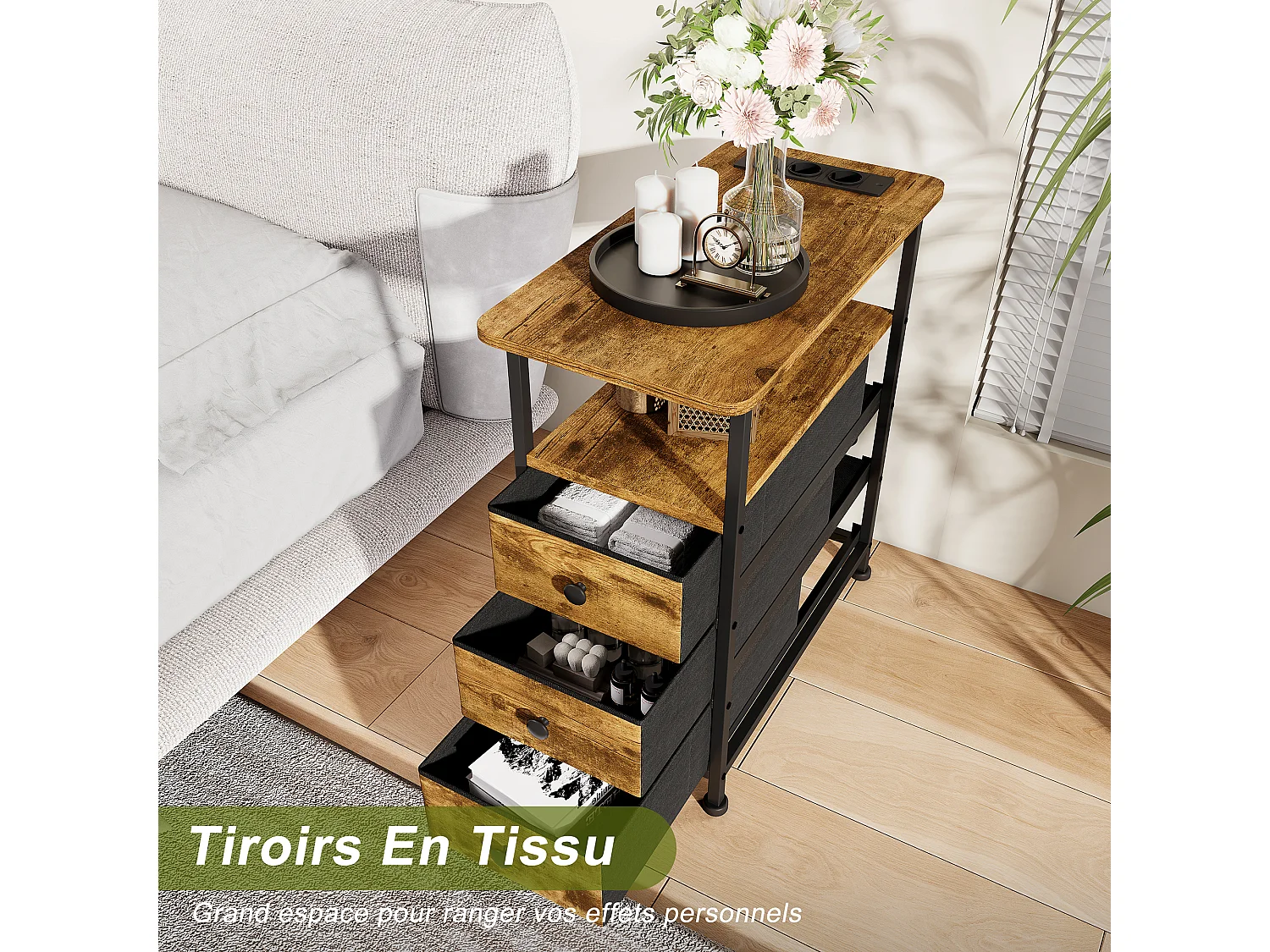 Commode étroite à 3 tiroirs, table de chevet avec fonction de chargement et bande lumineuse, table d'appoint avec tiroirs, 30 x 60 x 62 cm, Tigré