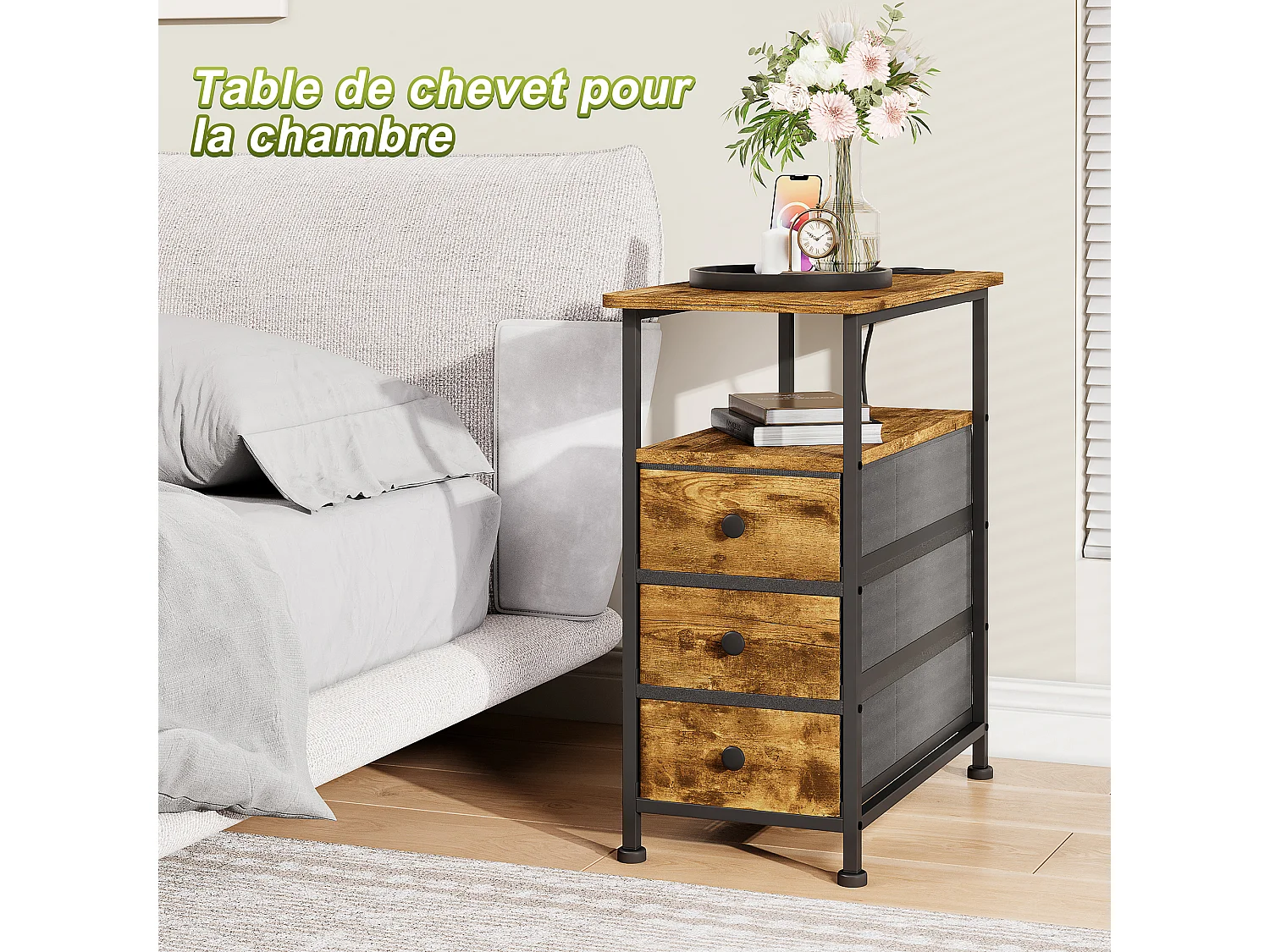 Commode étroite à 3 tiroirs, table de chevet avec fonction de chargement et bande lumineuse, table d'appoint avec tiroirs, 30 x 60 x 62 cm, Tigré