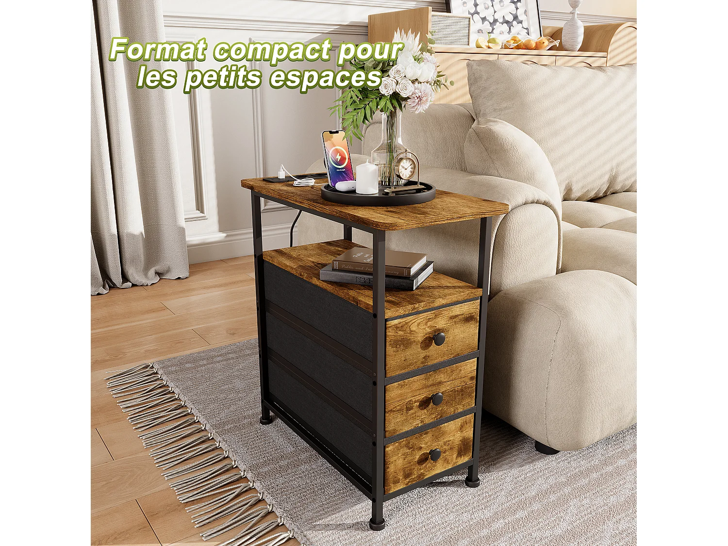 Commode étroite à 3 tiroirs, table de chevet avec fonction de chargement et bande lumineuse, table d'appoint avec tiroirs, 30 x 60 x 62 cm, Tigré