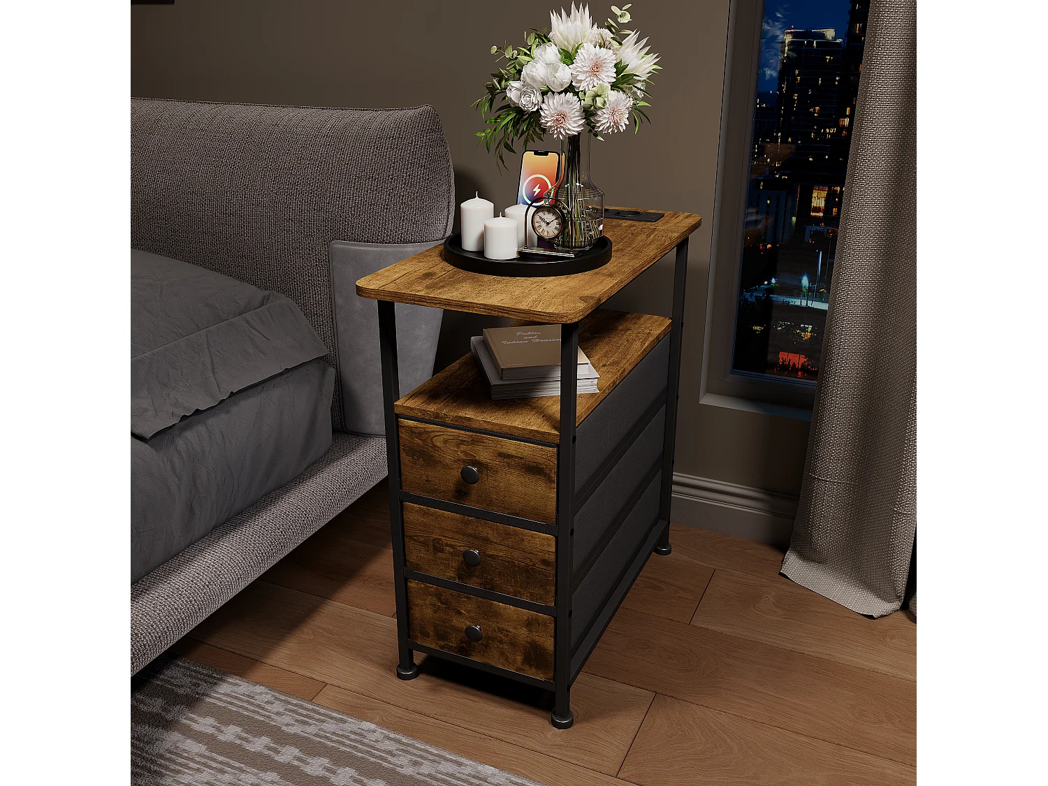 Commode étroite à 3 tiroirs, table de chevet avec fonction de chargement et bande lumineuse, table d'appoint avec tiroirs, 30 x 60 x 62 cm, Tigré