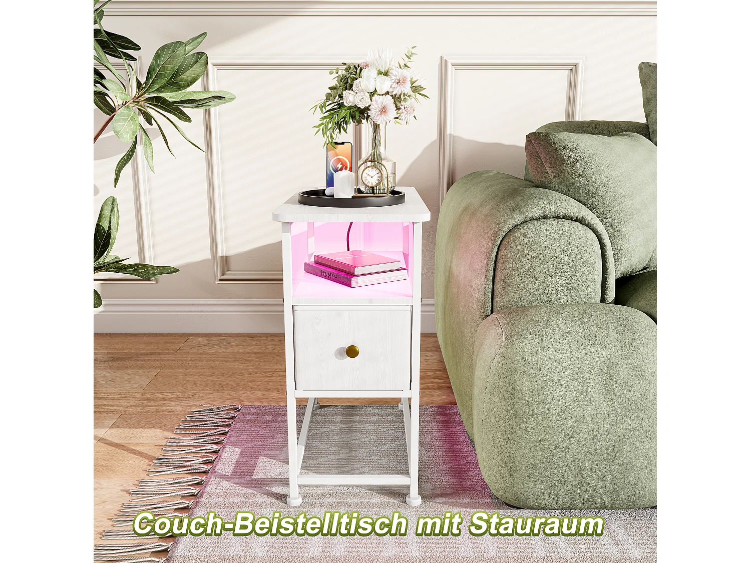 Commode étroite, table de chevet avec fonction de chargement et bande lumineuse, table d'appoint avec tiroirs, 30 x 60 x 62 cm,Blanc