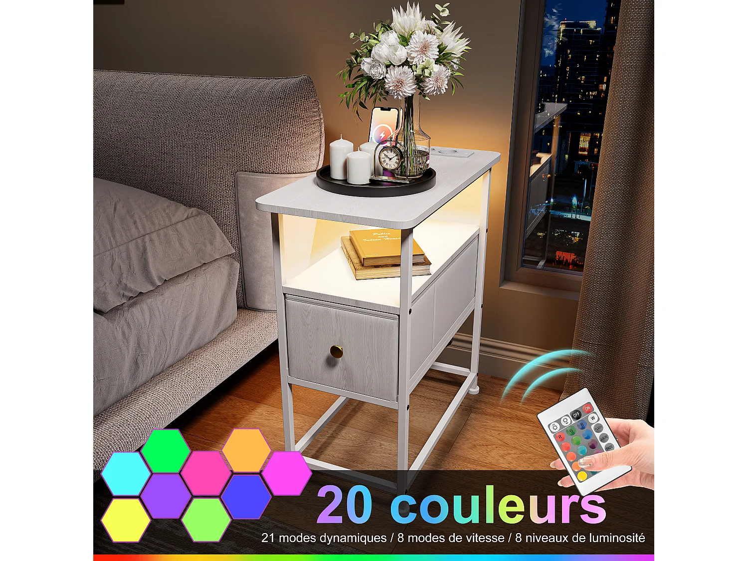 Commode étroite, table de chevet avec fonction de chargement et bande lumineuse, table d'appoint avec tiroirs, 30 x 60 x 62 cm,Blanc